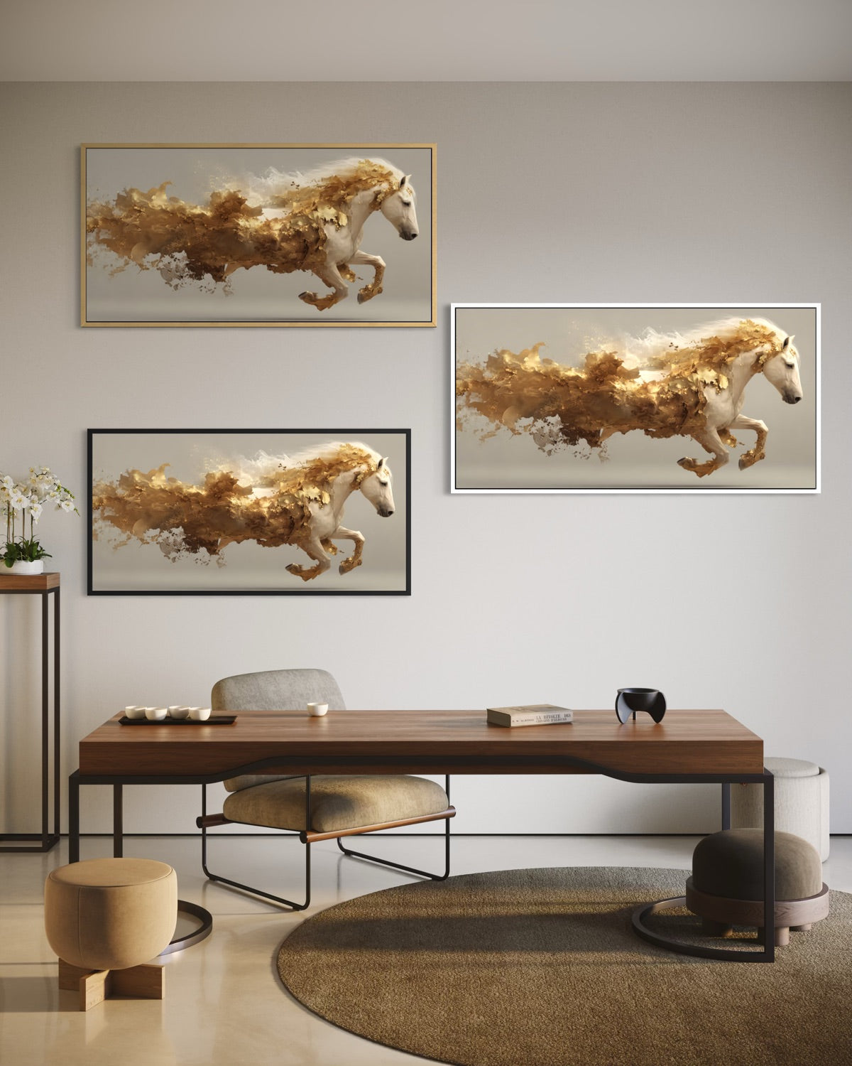 Stampe decorative con cavallo e polvere dorata, 3 dimensioni, cornice