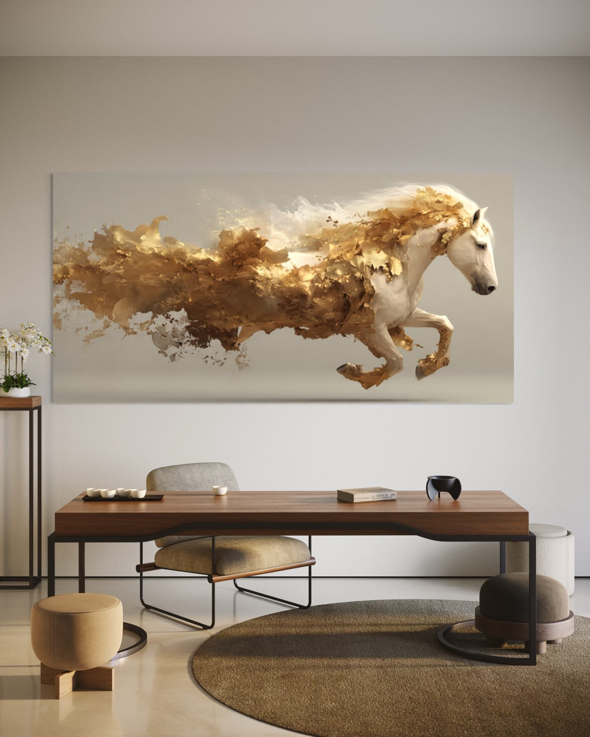 Stampa decorativa con cavallo bianco e polvere dorata, incorniciata