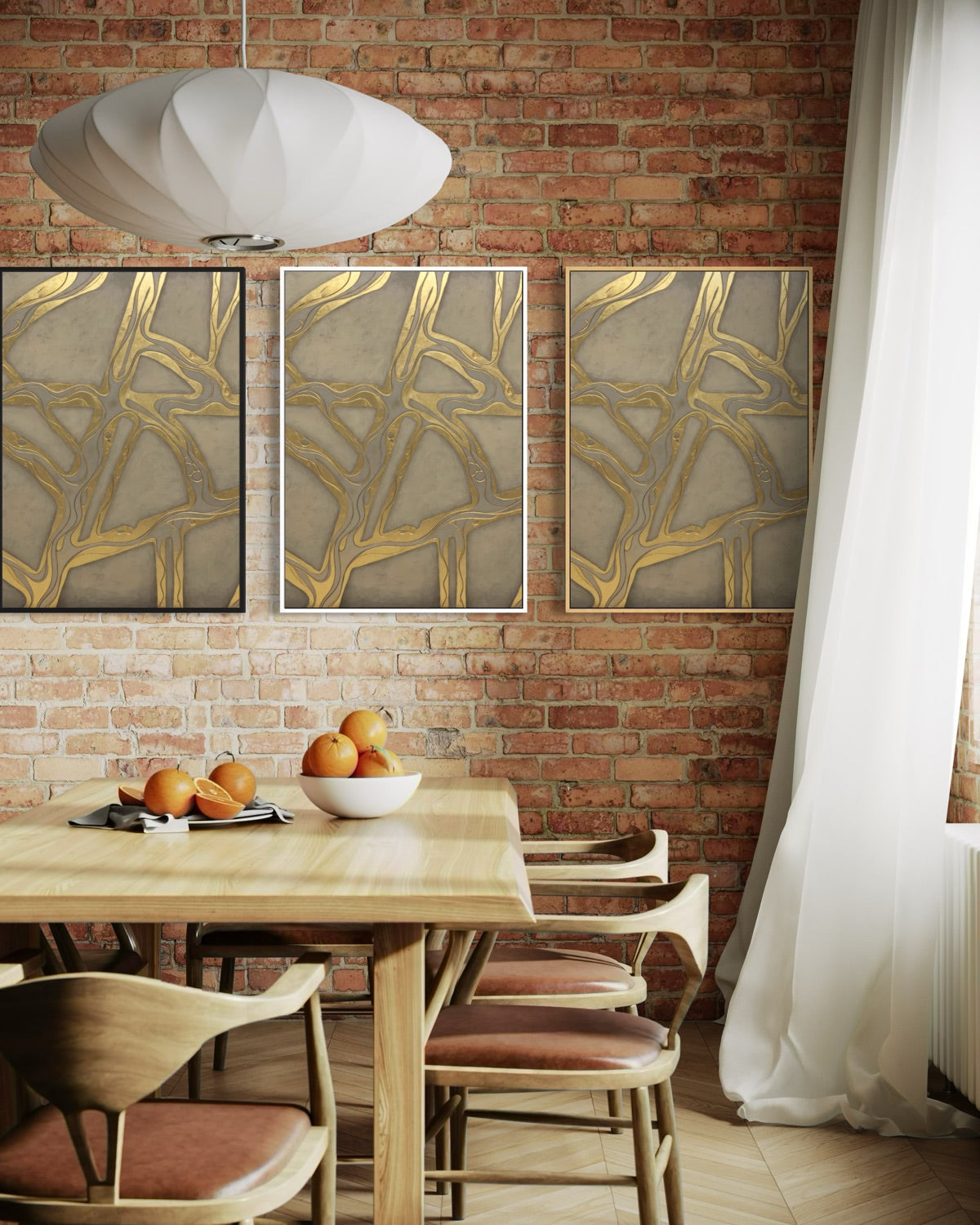 Set di 3 stampe da parete con cornice bianca, sfondo grigio e linee oro ondulate