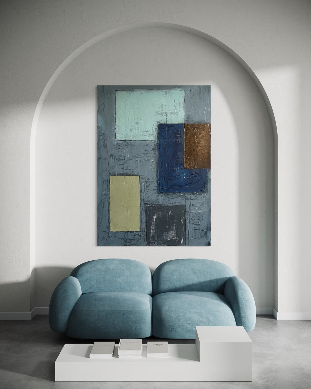 Stampa incorniciata astratta con forme geometriche blu e dettagli oro, grande