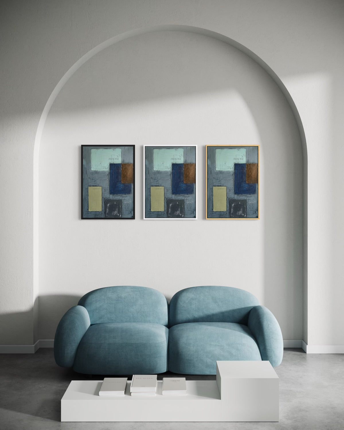 Stampe incorniciate geometriche in trittico, toni blu e oro