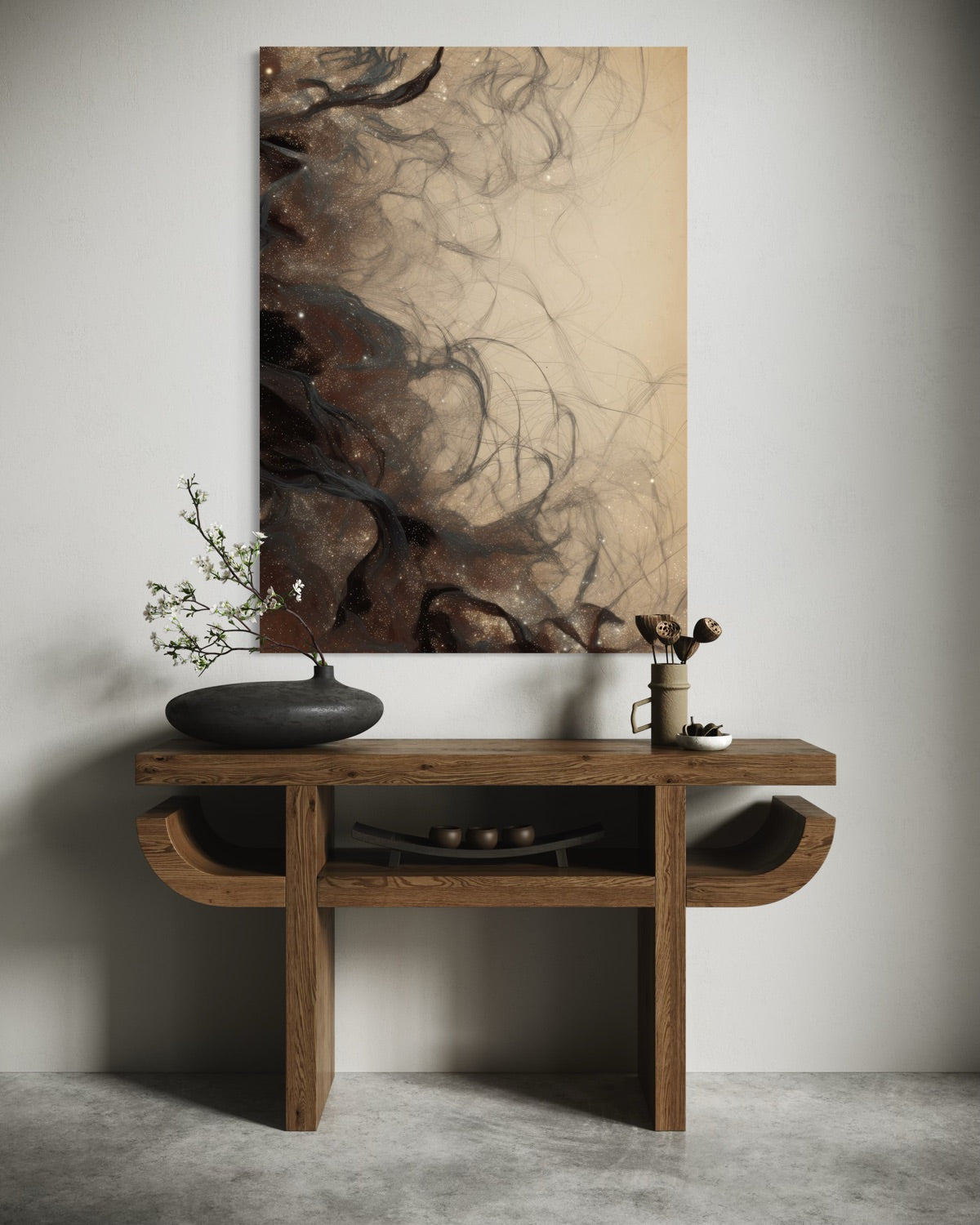 Stampa incorniciata Nebbia Cosmica: quadro astratto grigio-bruno su fondo beige