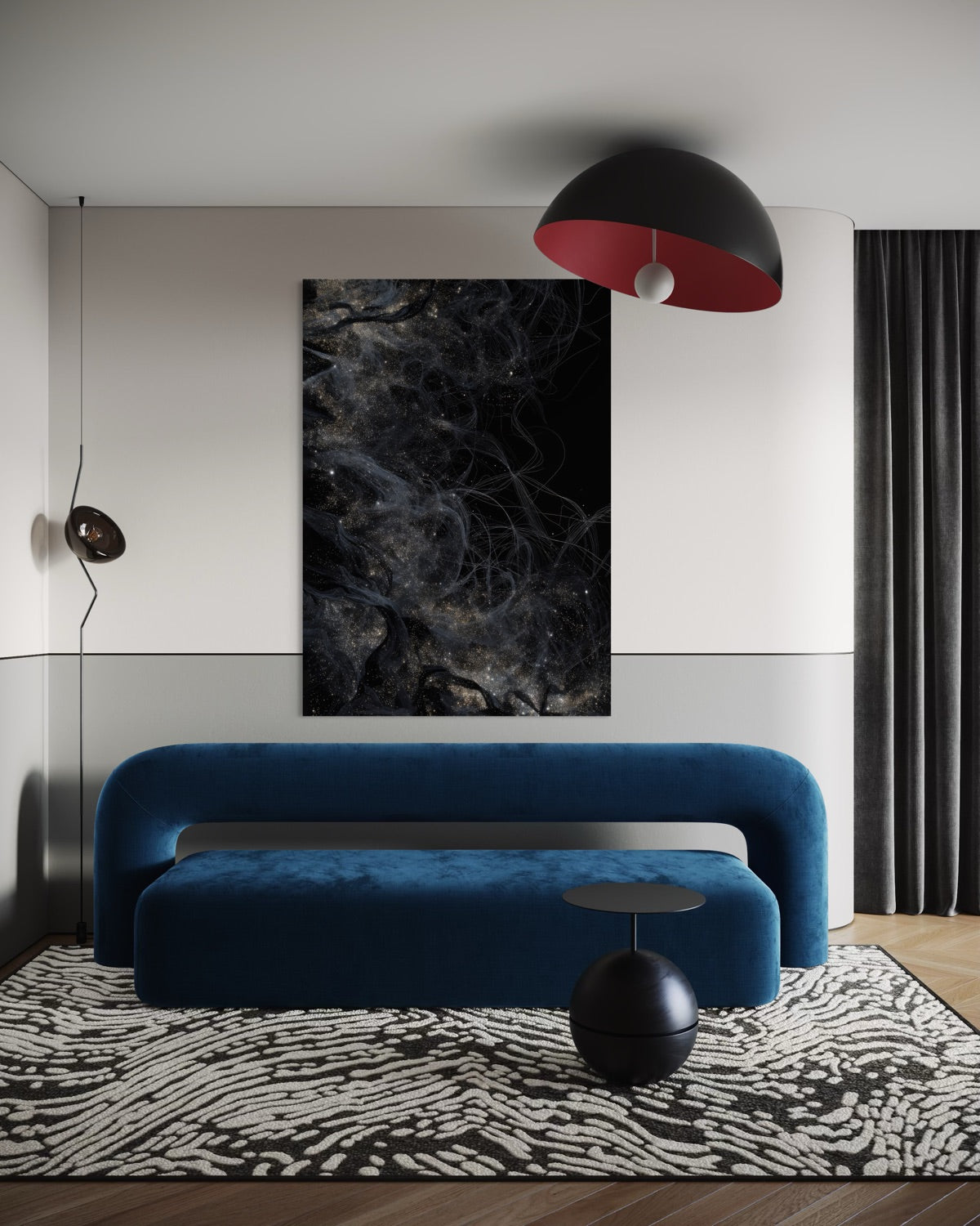 Stampa artistica astratta in cornice nera, sfondo nero con linee grigio-scure
