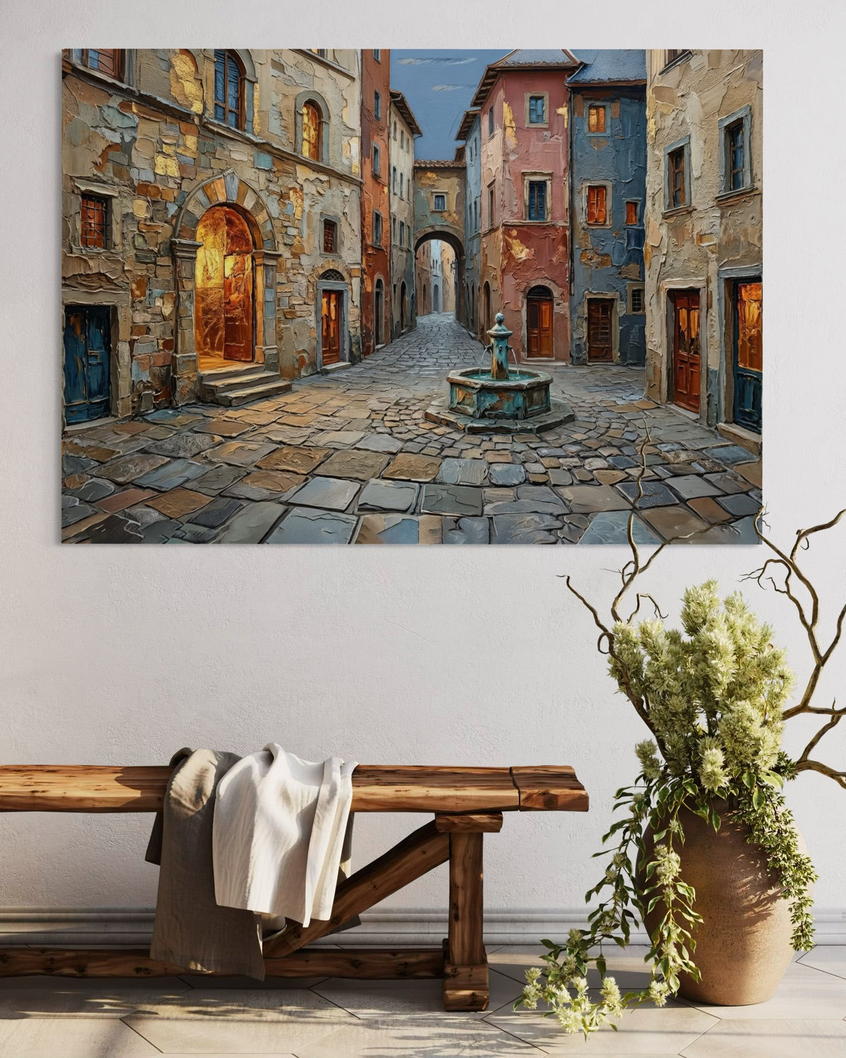 Quadro da parete con cornice scura e vicolo con fontana