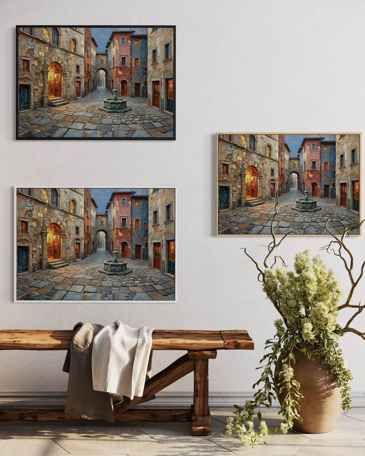 Set di 3 quadri da parete con cornici scure, vicolo e fontana