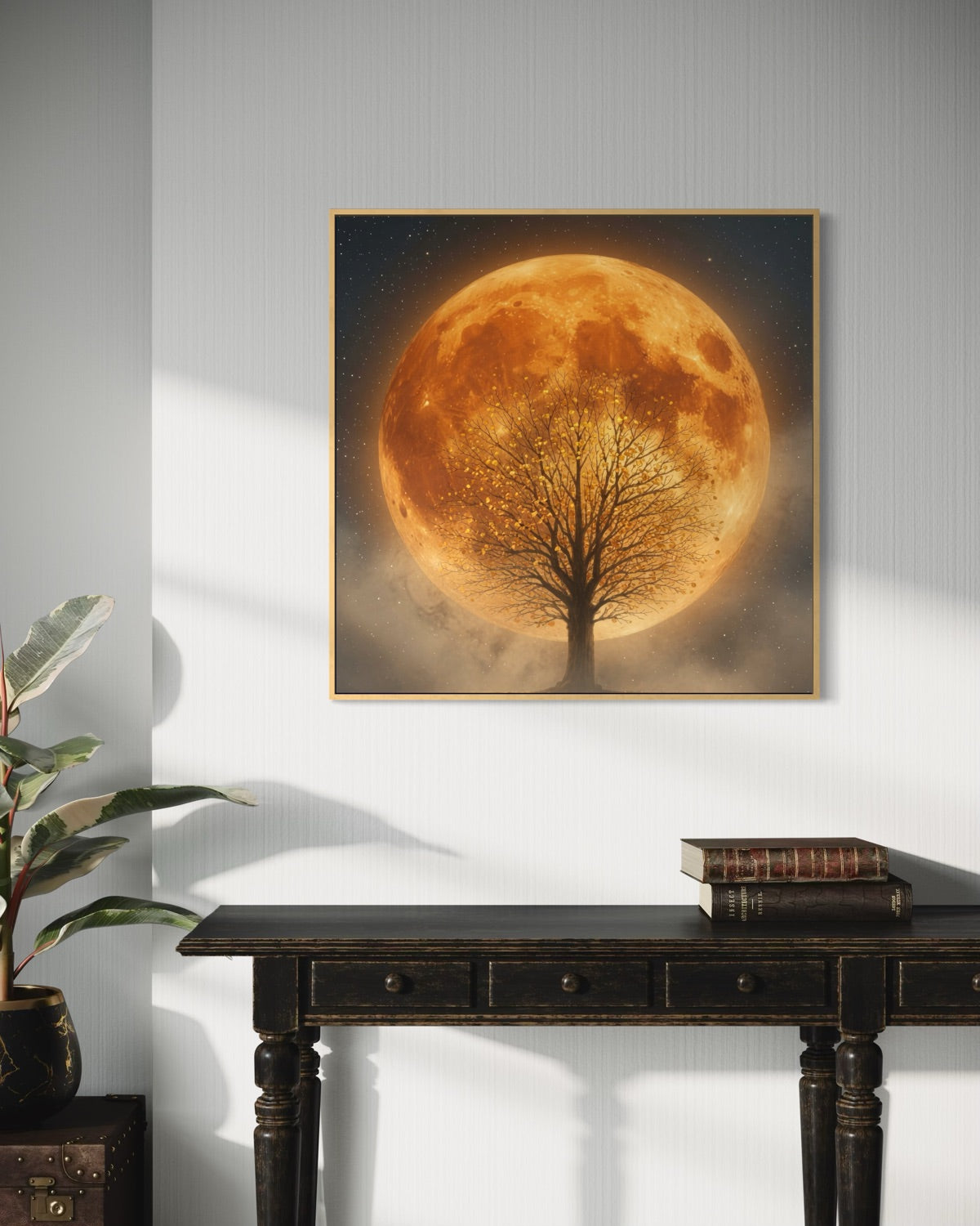 Quadro quadrato con luna gialla e albero, cornice scura