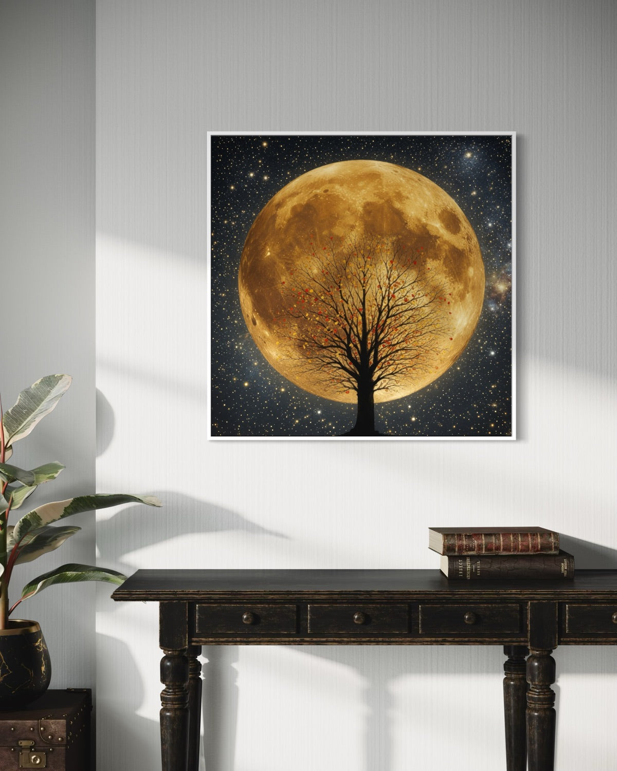 Quadro quadrato con luna dorata e albero, cornice nera