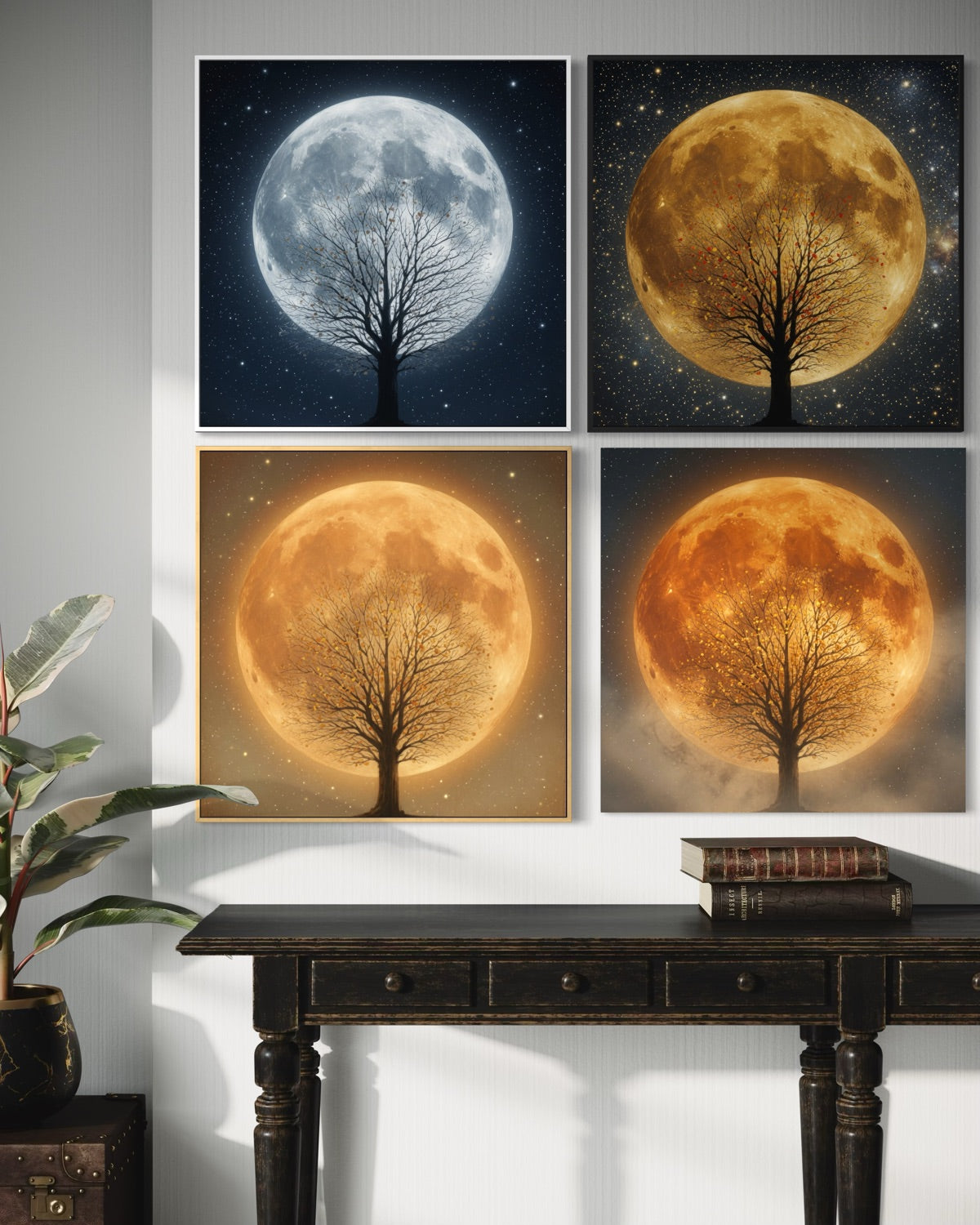 Set di 4 quadri quadrati con luna e albero, cornici nere