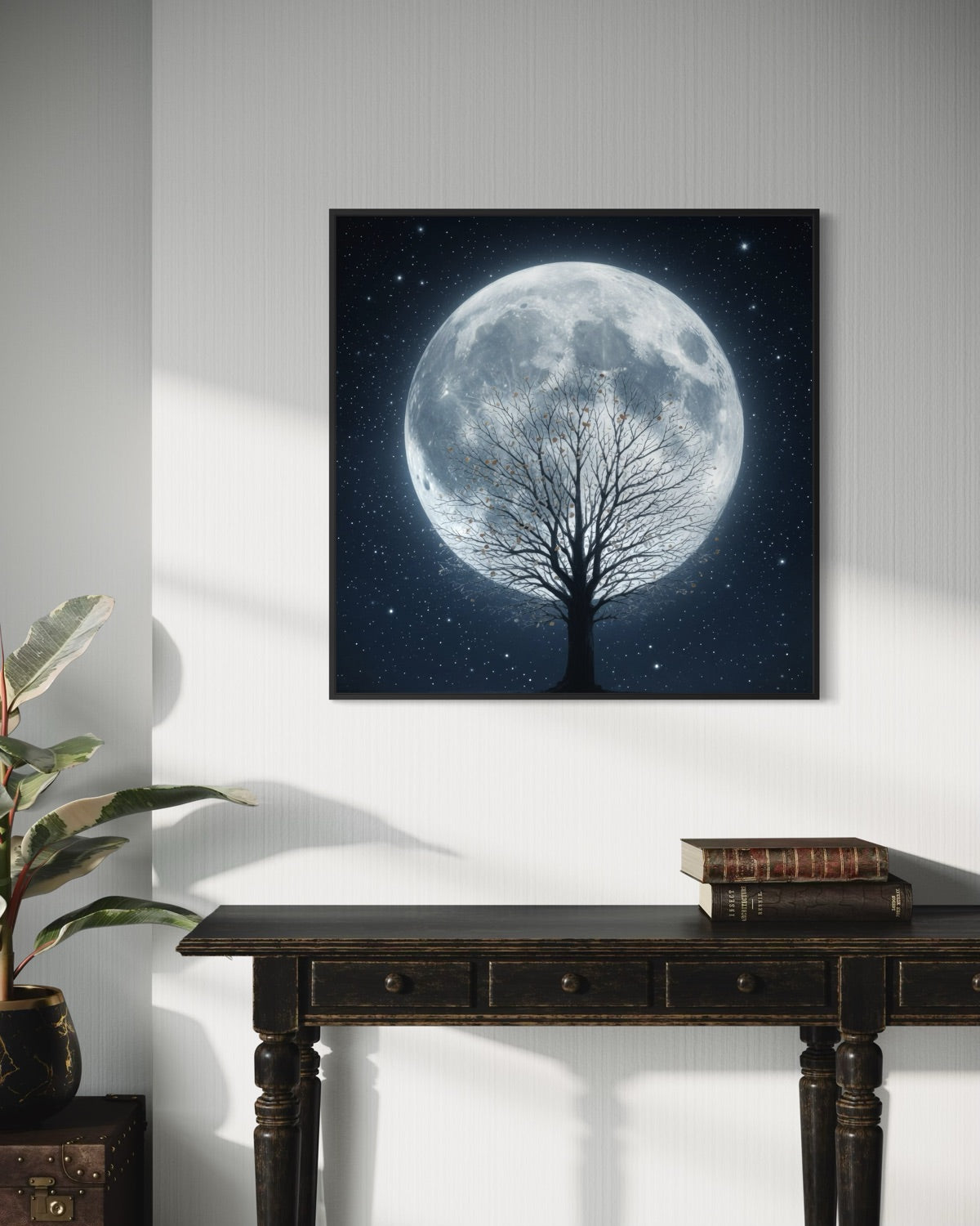 Quadro quadrato con luna bianca e albero, cornice nera