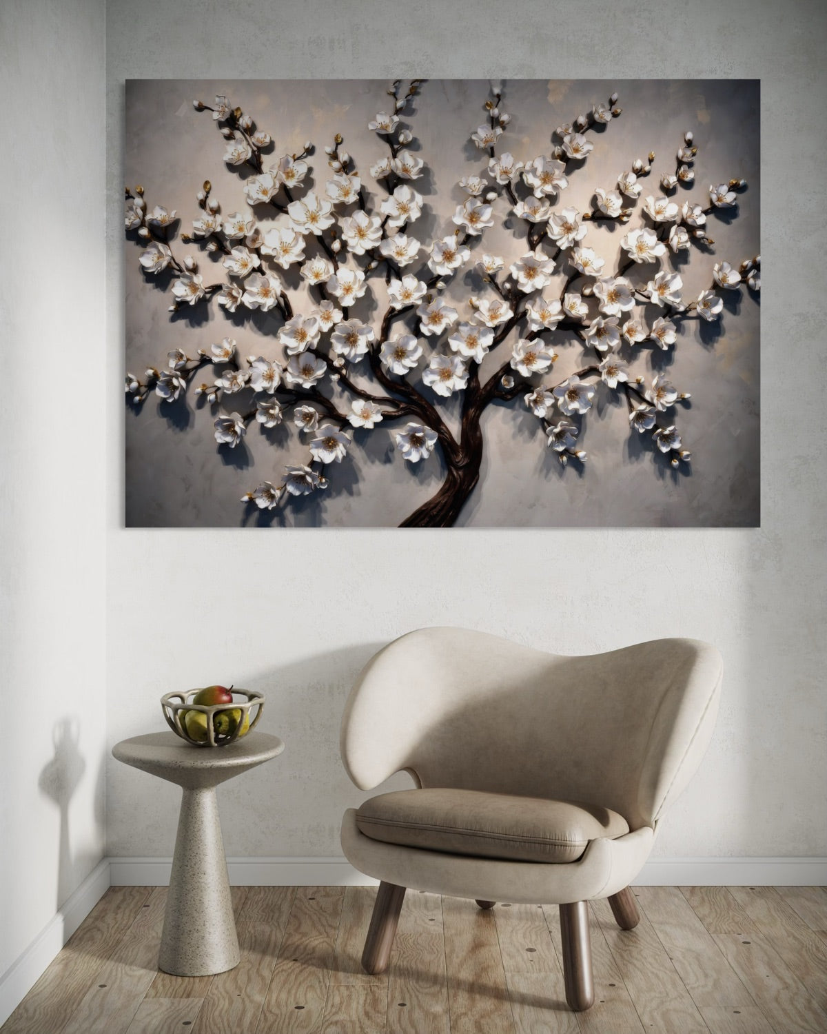 Stampa artistica Fioritura d’Avorio con albero fiorito e cornice scura