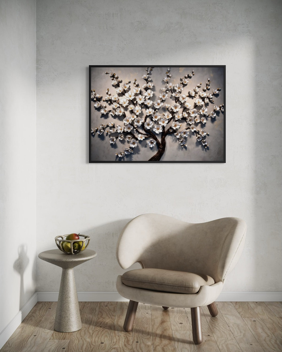 Stampa artistica Fioritura d’Avorio: albero fiorito su sfondo scuro, cornice scura