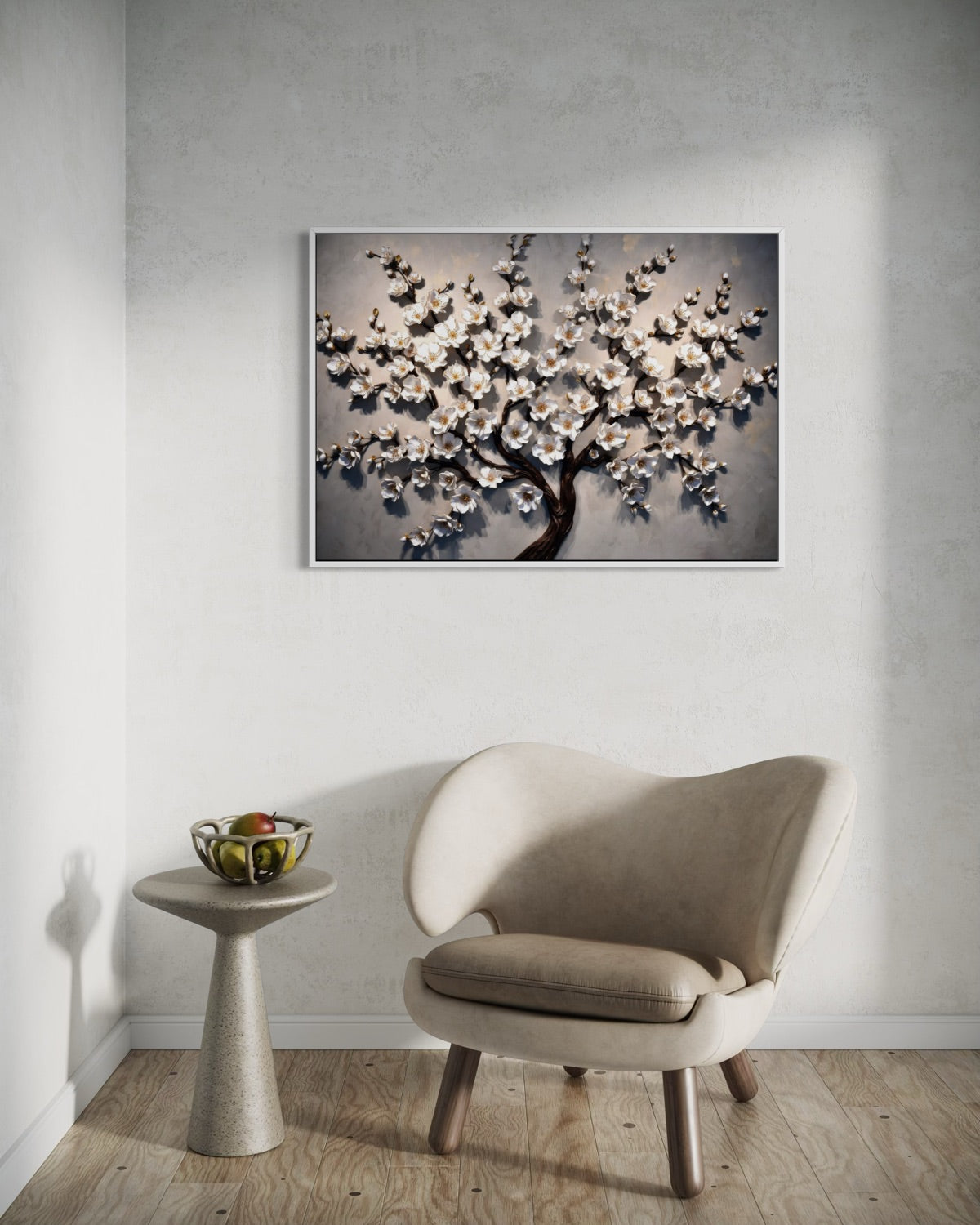 Stampa artistica Fioritura d’Avorio con albero in fiore, cornice chiara