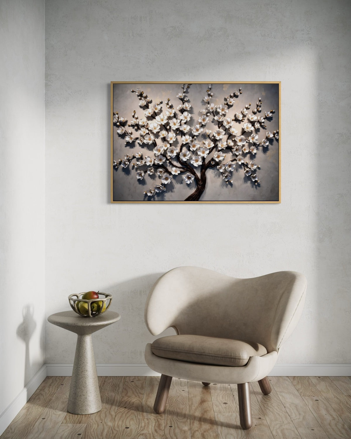 Stampa artistica Fioritura d’Avorio con albero fiorito e cornice dorata