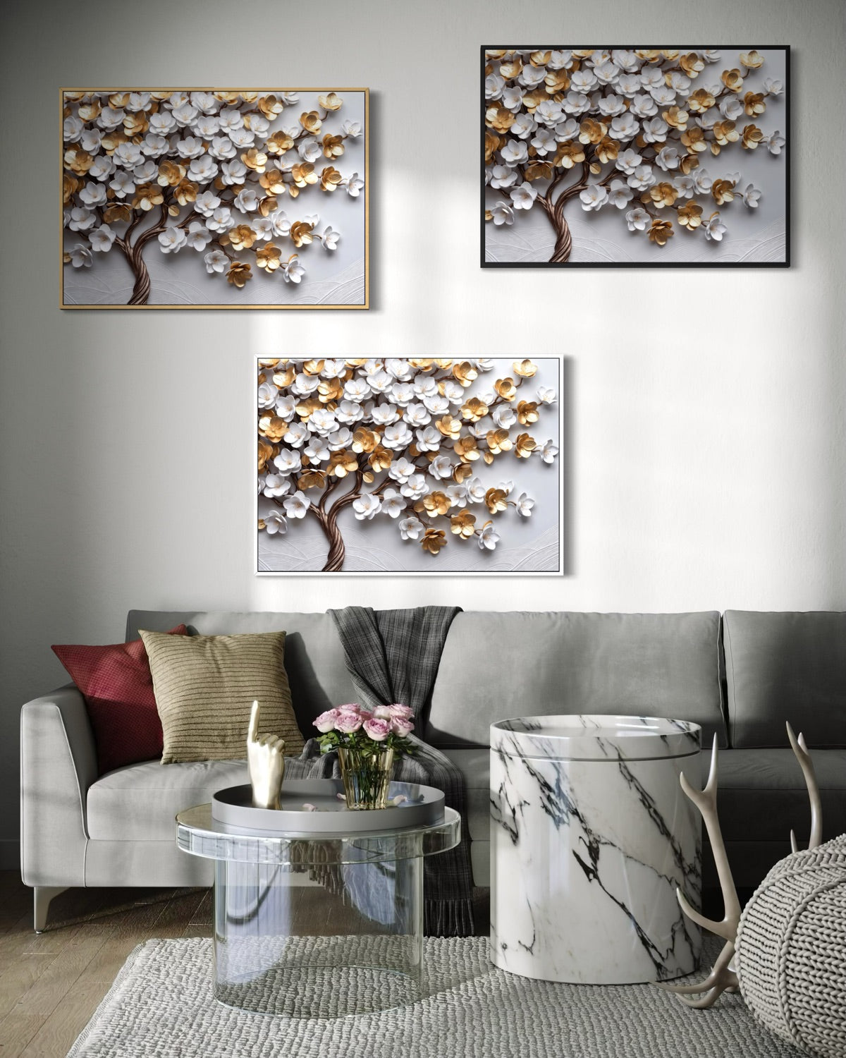 Tre quadri incorniciati con albero di foglie oro e bianco