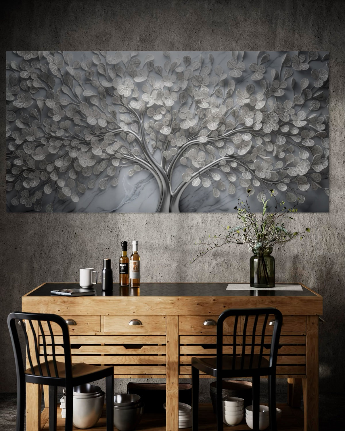 Quadro con albero luminoso argenteo, rami e foglie in rilievo, cornice scura