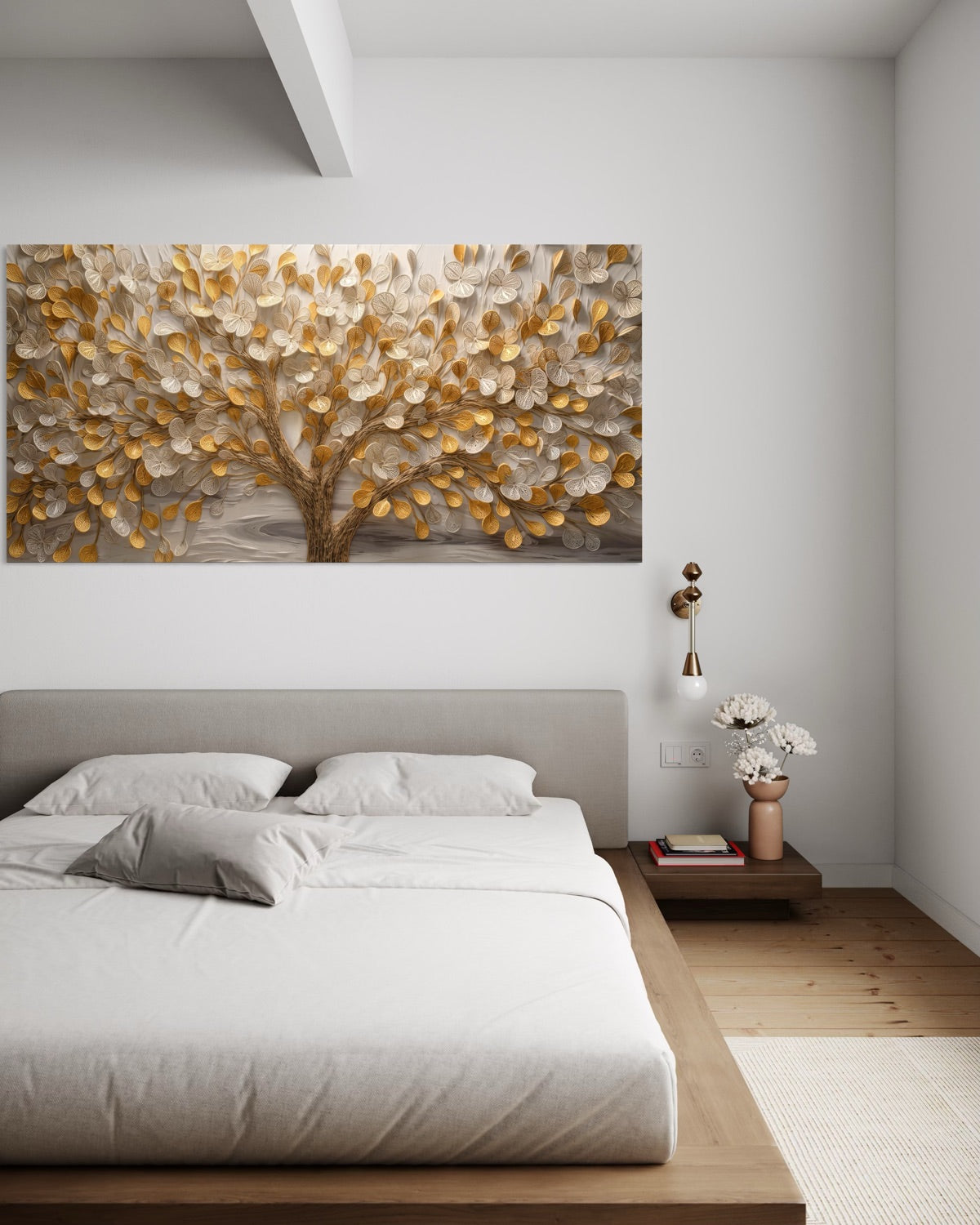 Quadro con albero intrecciato, cornice scura, foglie dorate e tronco grigio