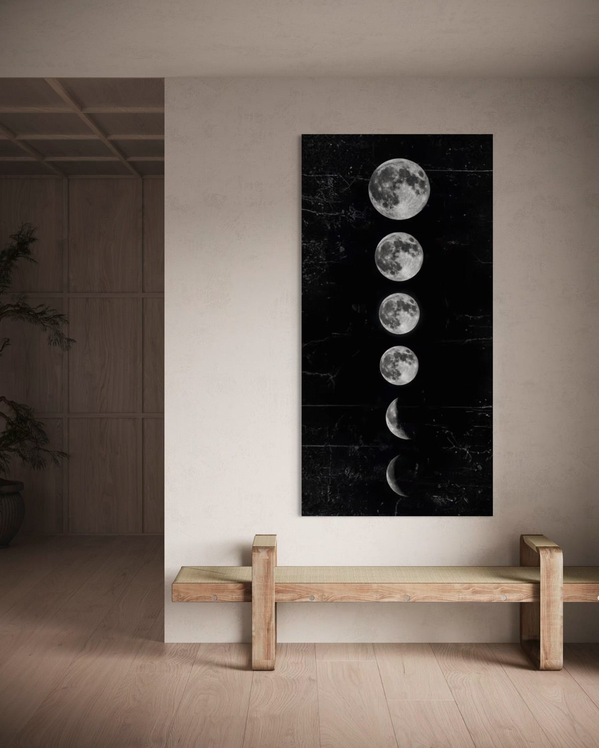 Stampa verticale con fasi lunari su sfondo scuro, lune in toni chiari