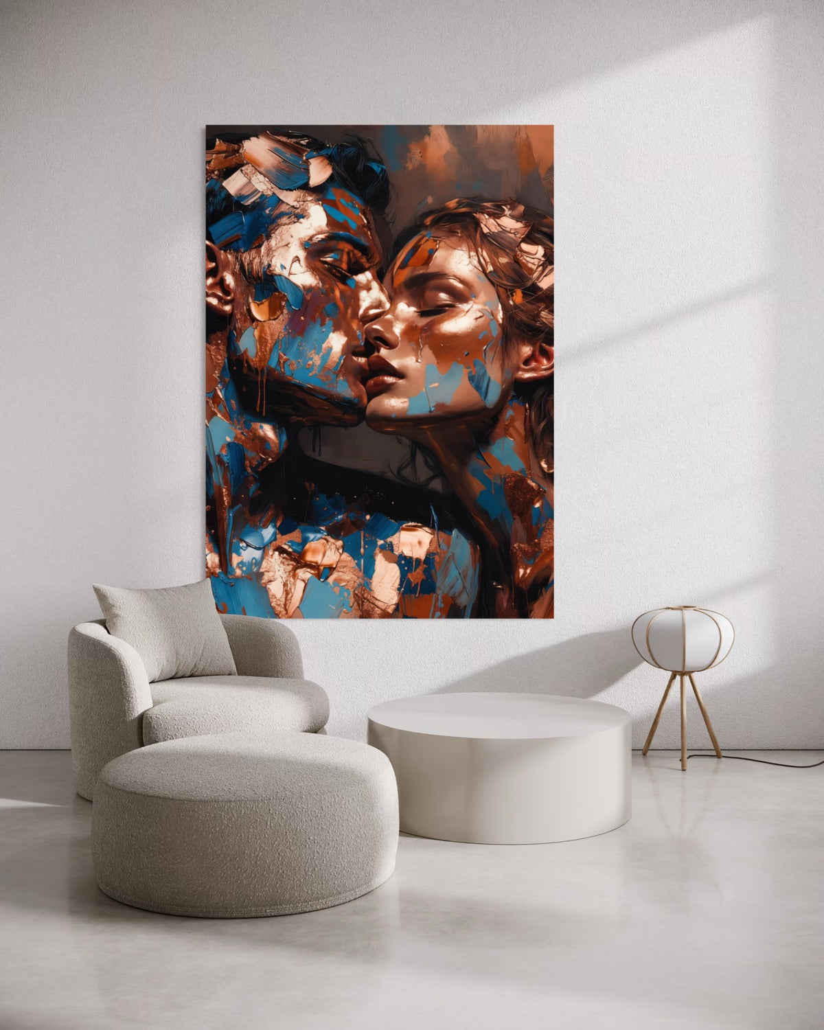 Stampa artistica incorniciata con volto astratto in blu e arancio, verticale