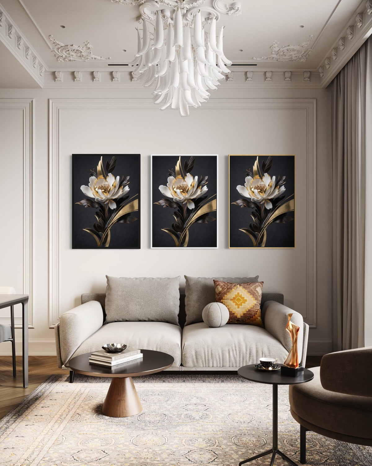 Set di 3 stampe incorniciate floreali Eclissi con fiori dorati e bianchi su fondo scuro