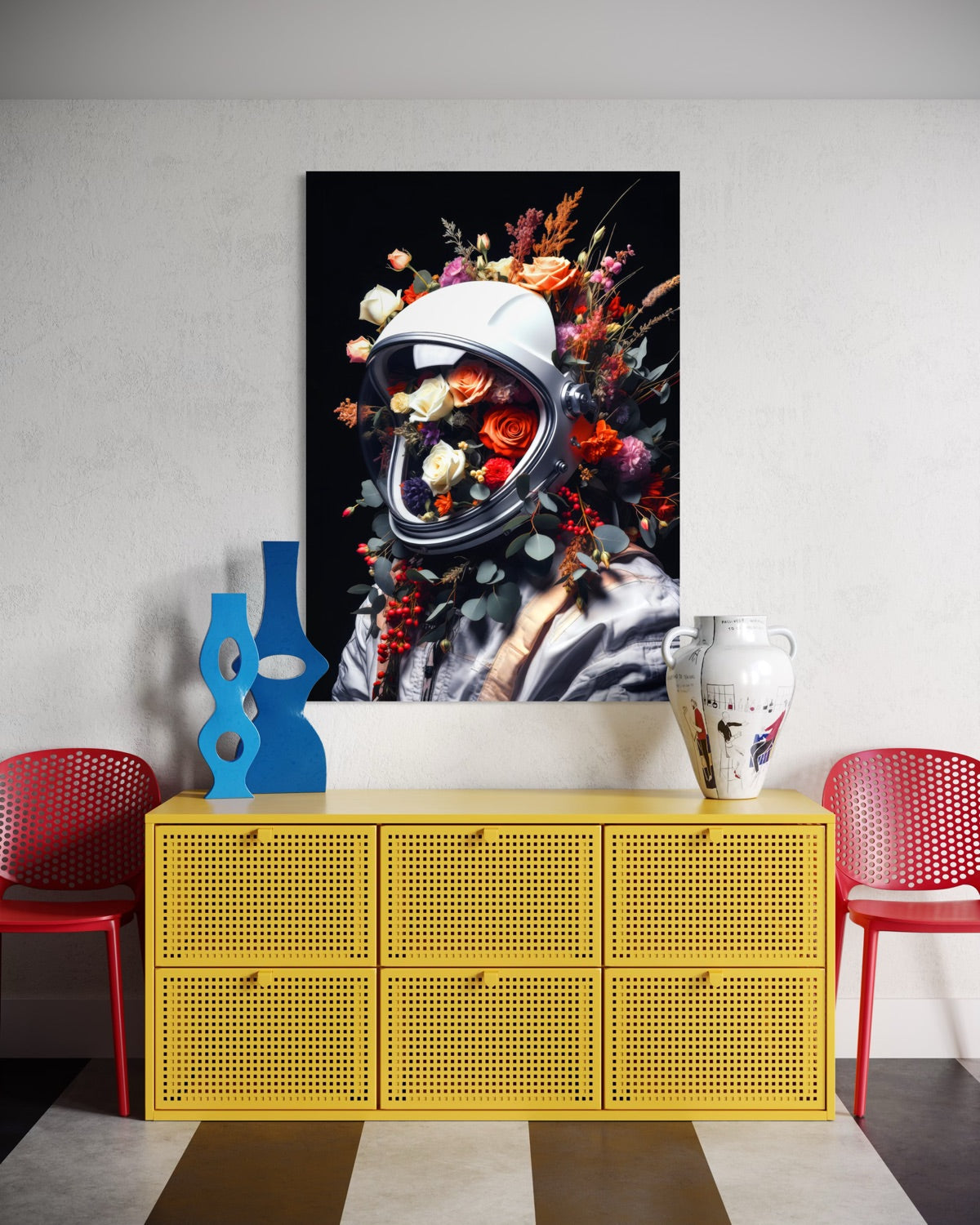 Quadro incorniciato: astronauta con casco nero e fiori su sfondo scuro