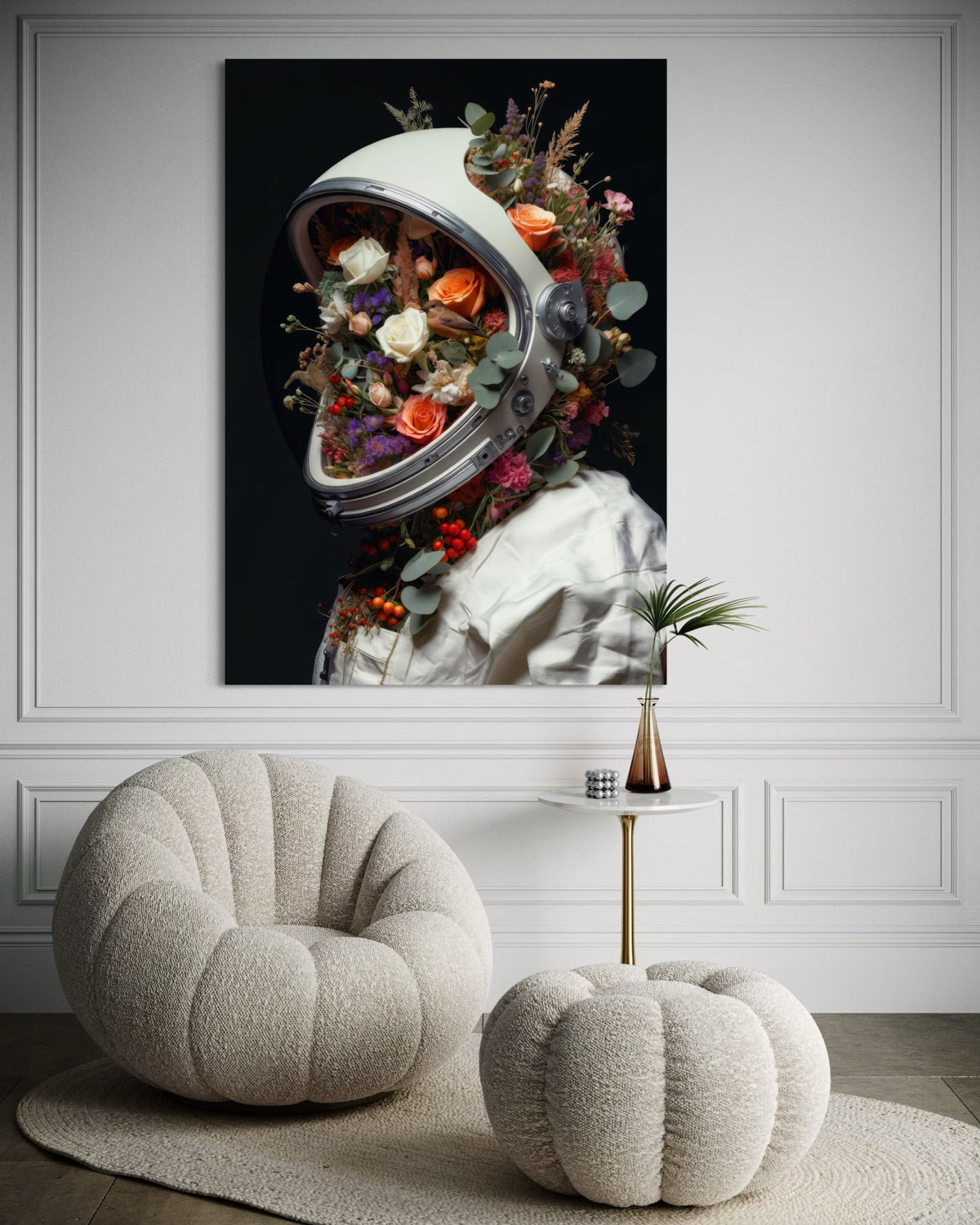 Stampa incorniciata con cornice nera: astronauta con fiori e astronave su sfondo scuro