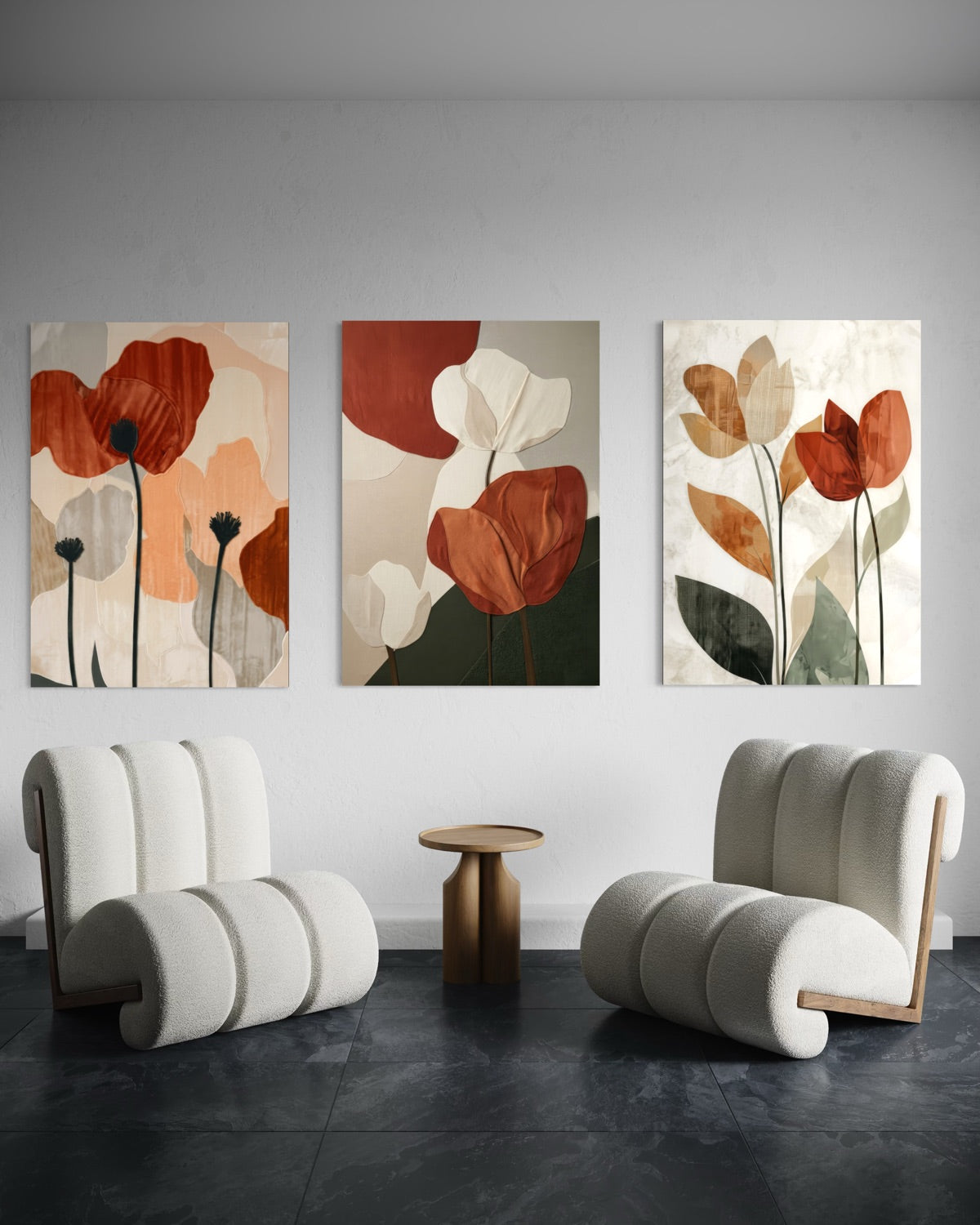 Trittico di stampe floreali astratte incorniciate, terracotta e crema con tocchi verdi