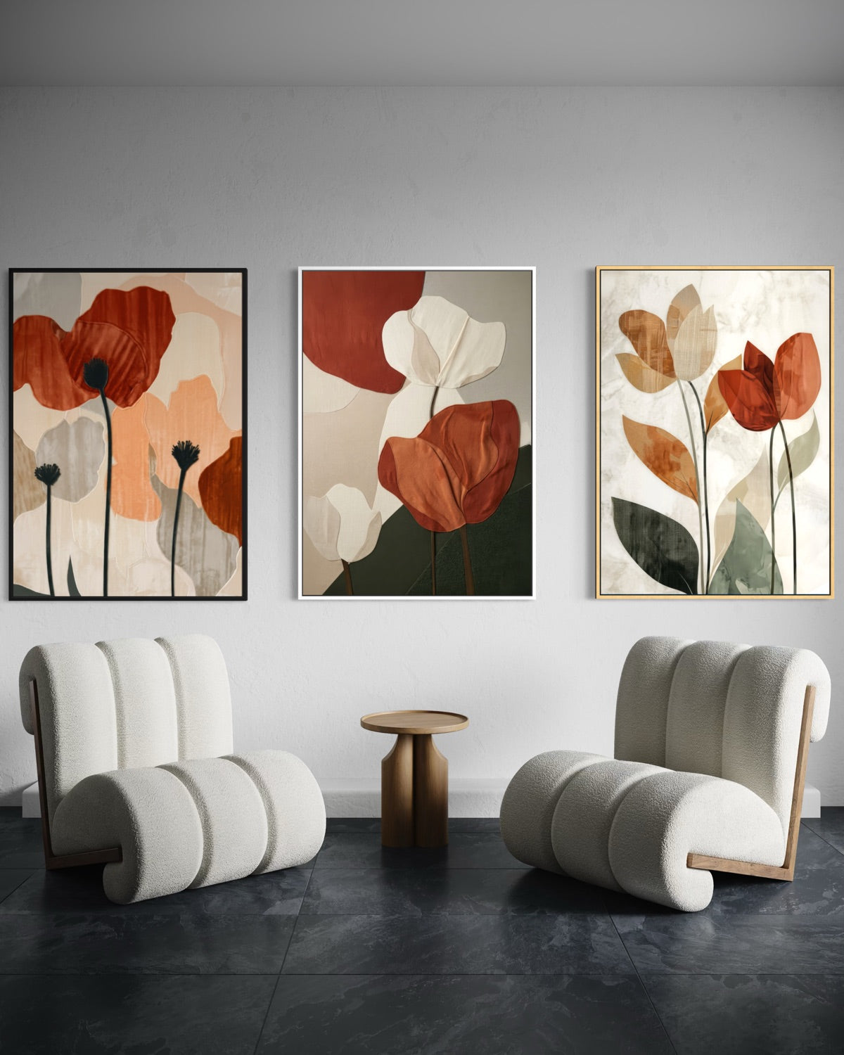 Stampe floreali astratte incorniciate con foglie grandi, toni terracotta, crema e verdi