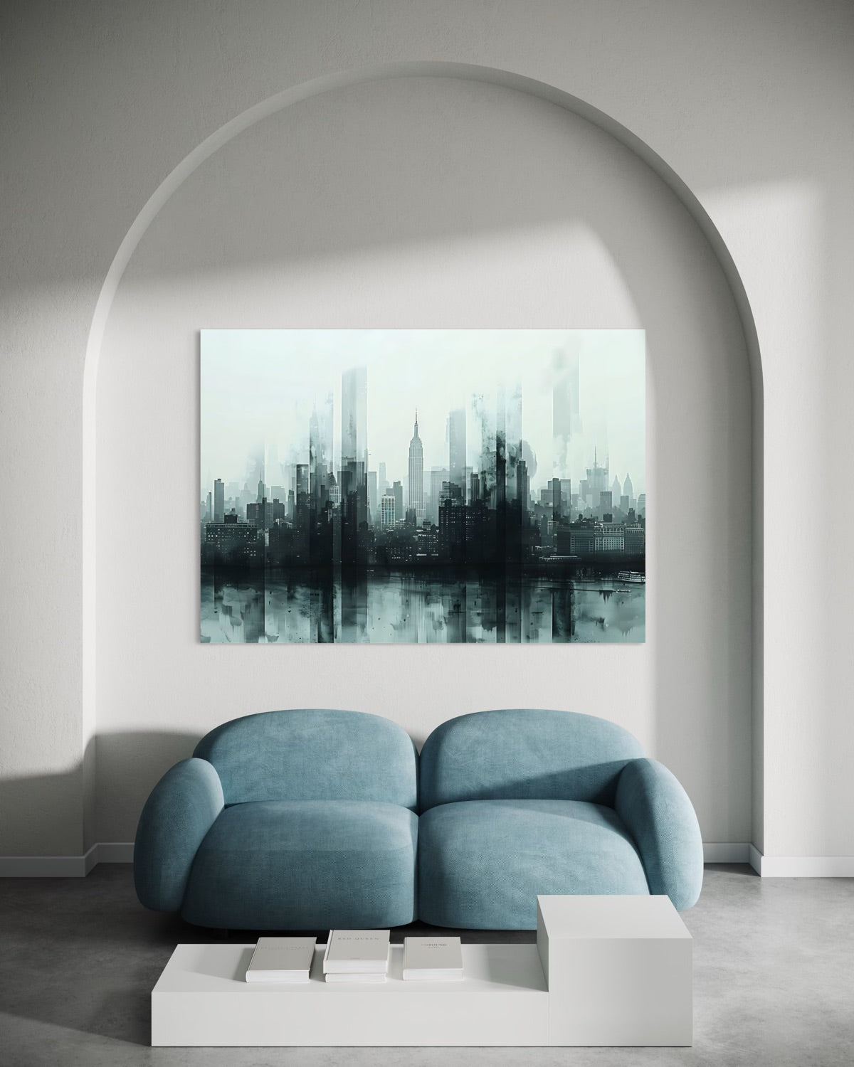Stampa incorniciata con skyline urbano grigio-verde su sfondo chiaro