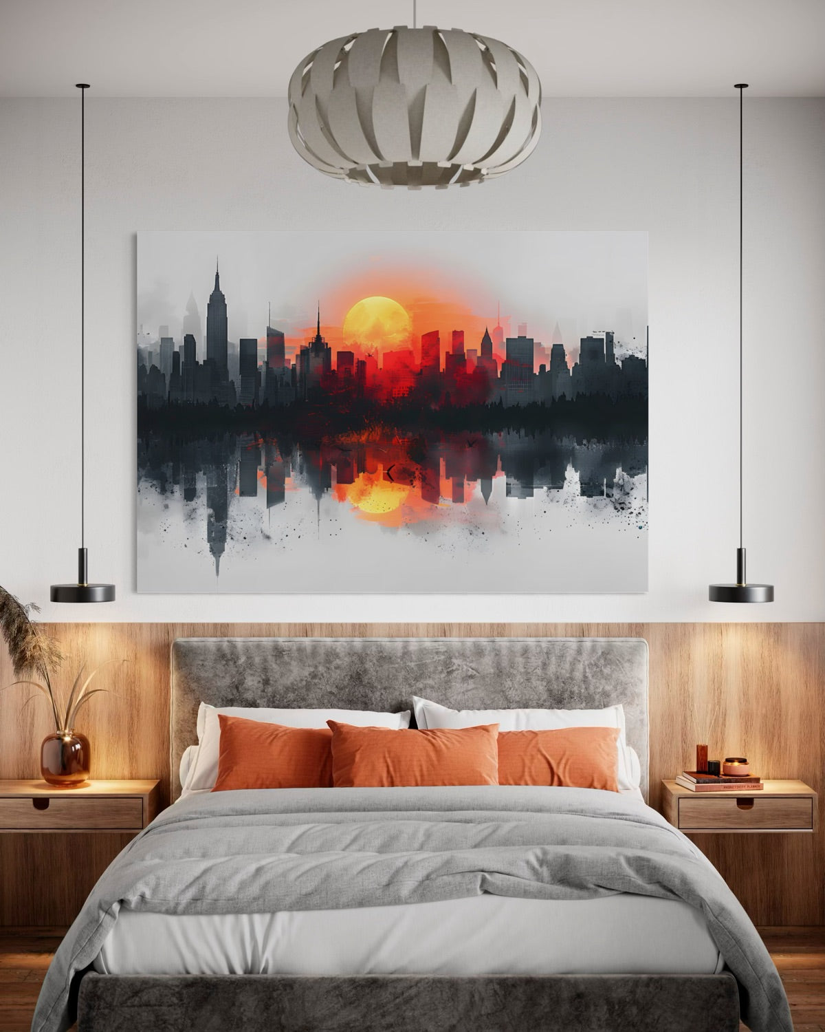 Stampa murale Crepuscolo Urbano con skyline al tramonto e riflesso, grigi e arancio