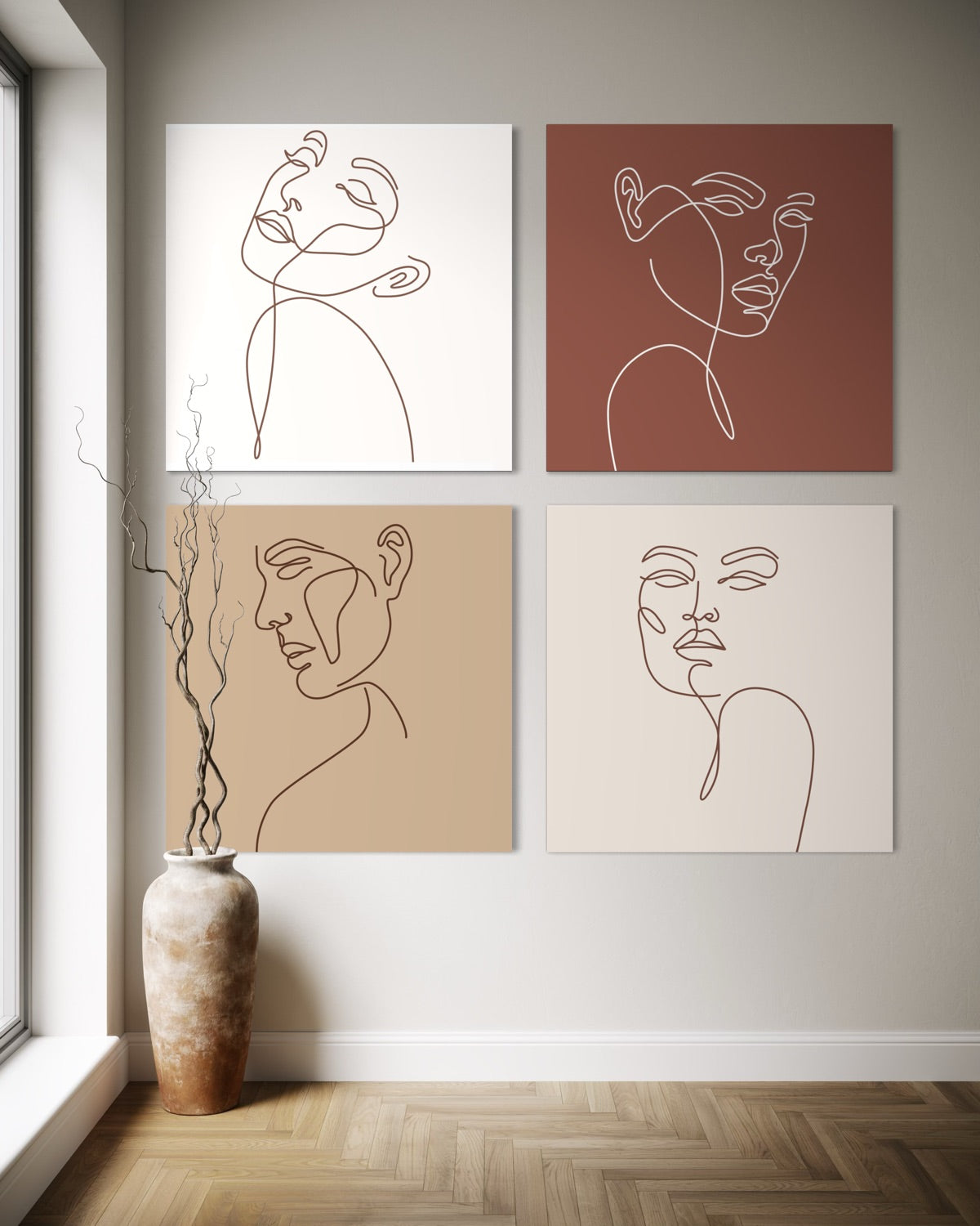 Set di 4 quadri con ritratti lineari su sfondi bianco, marrone e rosso, cornici scure
