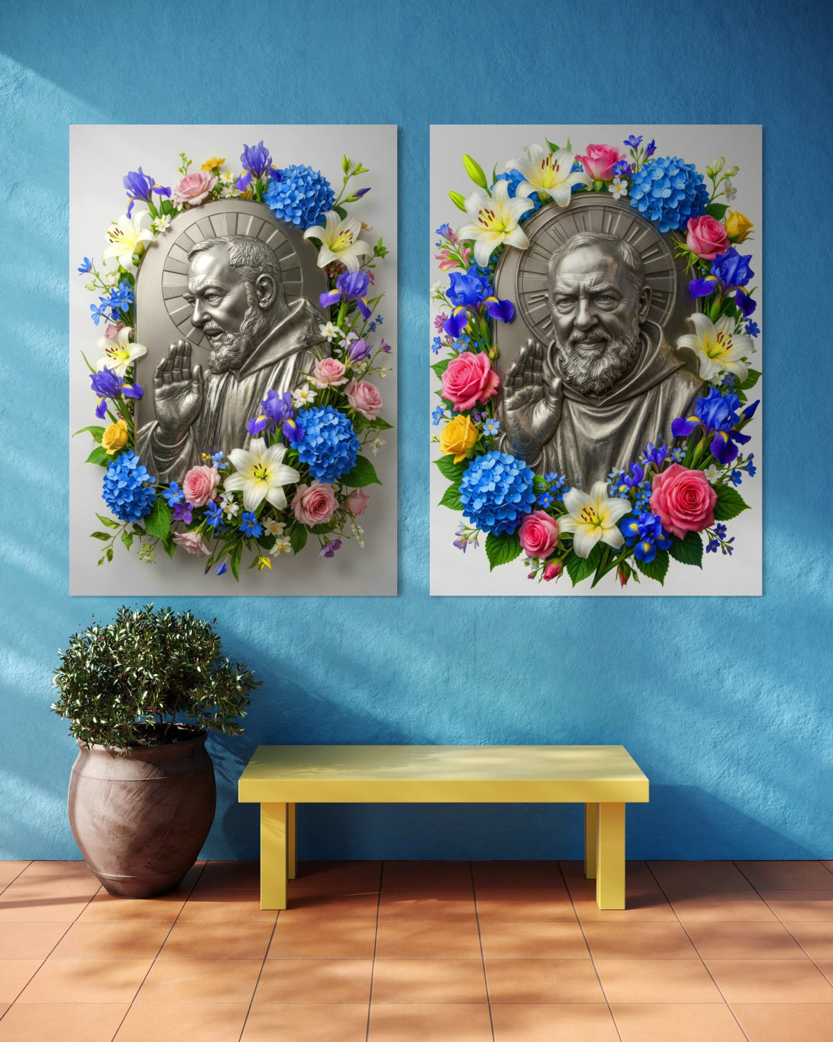 Stampa incorniciata con busto dorato e ghirlanda di fiori colorati