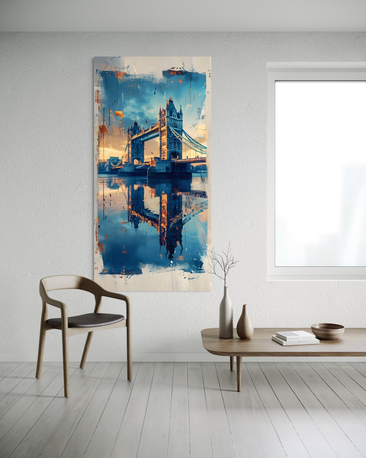 Stampa artistica verticale Tamigi Sommerso in cornice, skyline azzurro e riflessi