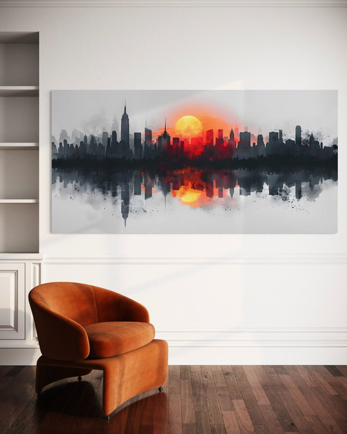 Stampa paesaggio con skyline e tramonto rosso, cornice rettangolare orizzontale