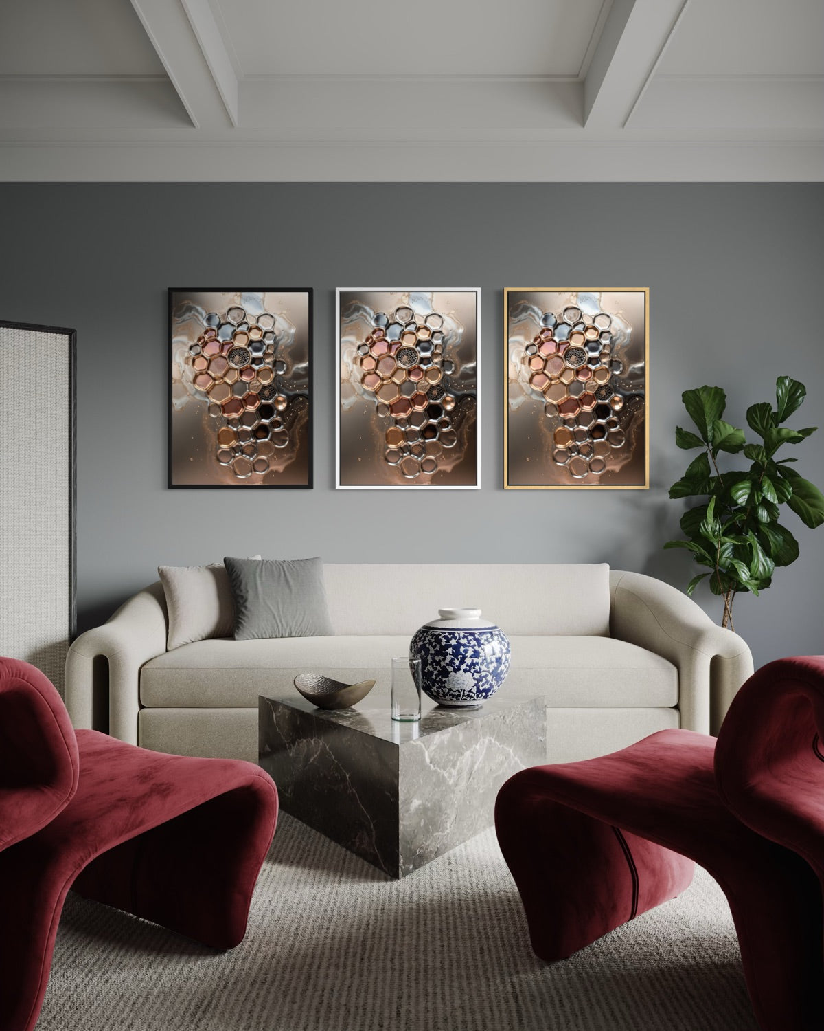 Set di 3 stampe incorniciate con mosaico di esagoni metallici oro e scuri