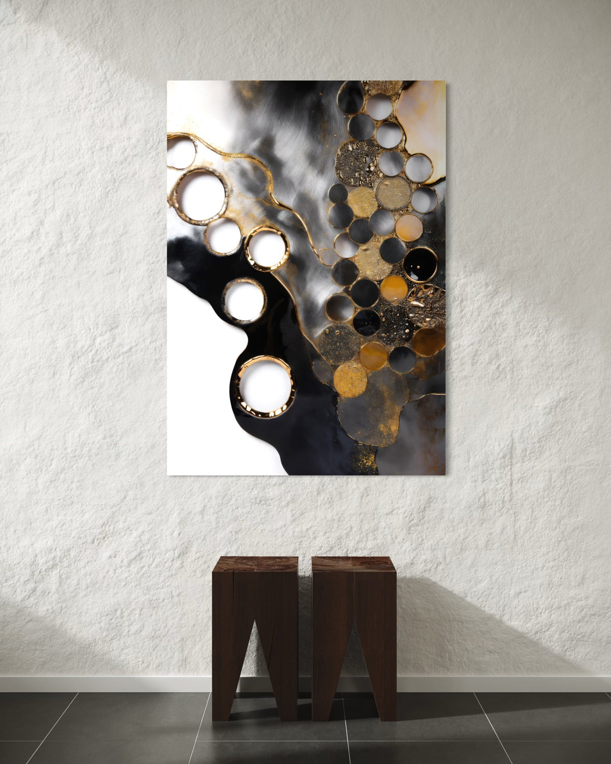 Quadro decorativo con cerchi astratti dorati su sfondo scuro, in cornice