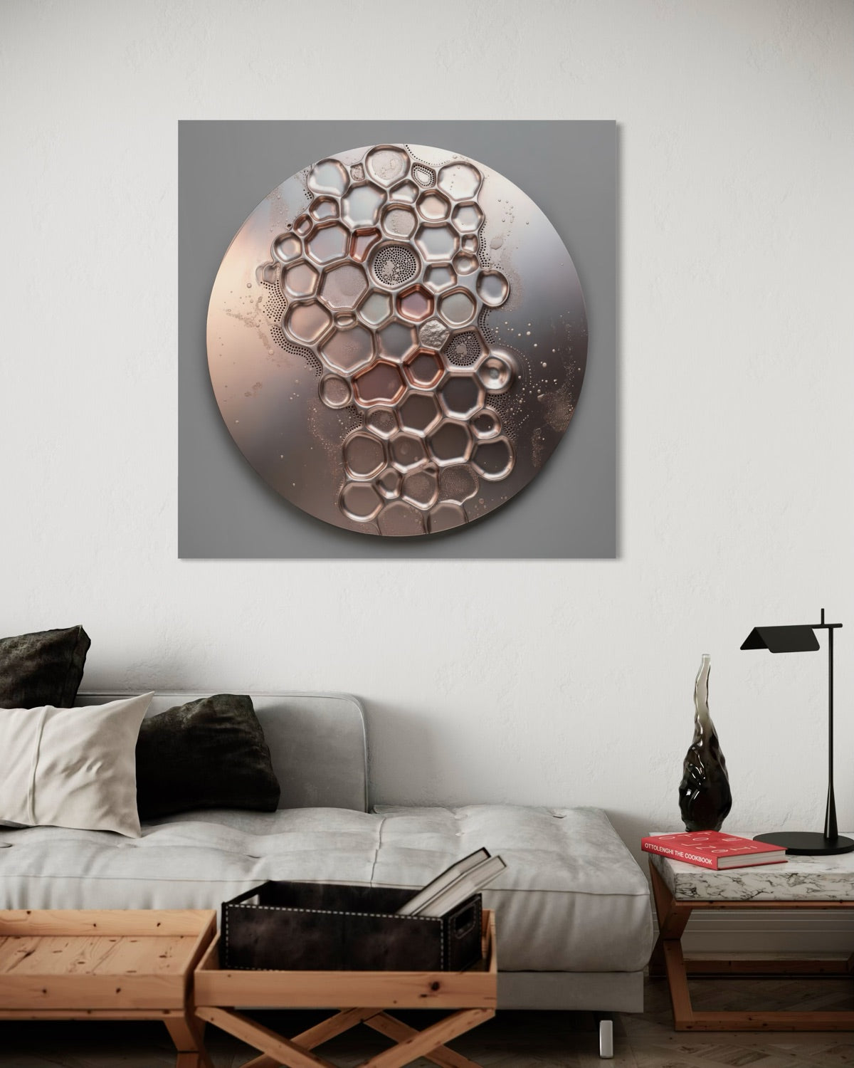 Quadro decorativo Alveare Rosa con rilievo a nido d’ape rosa dorato in cornice nera