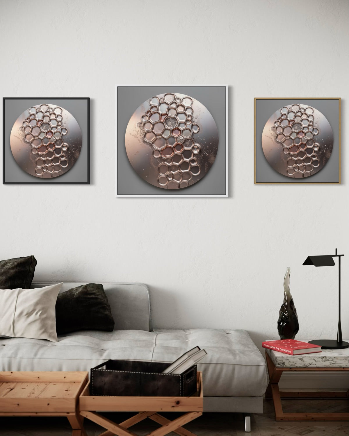 Set di 3 quadri con rilievo a nido d’ape rosa dorato in cornici scure, grigie e dorate