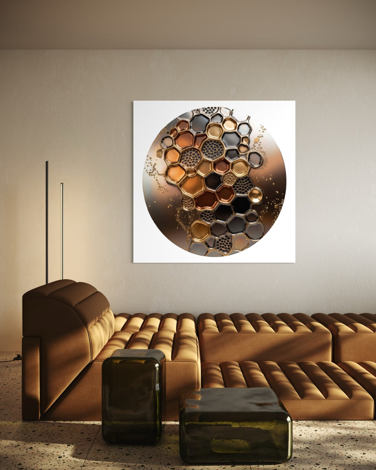 Quadro decorativo con cerchio oro e nido d’ape in cornice quadrata bianca