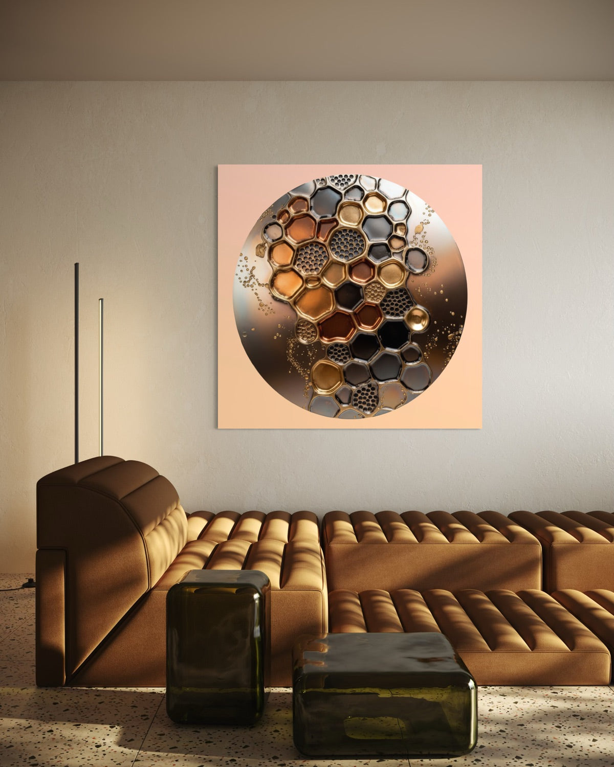 Quadro decorativo con cerchio oro e nido d’ape in cornice quadrata rosa