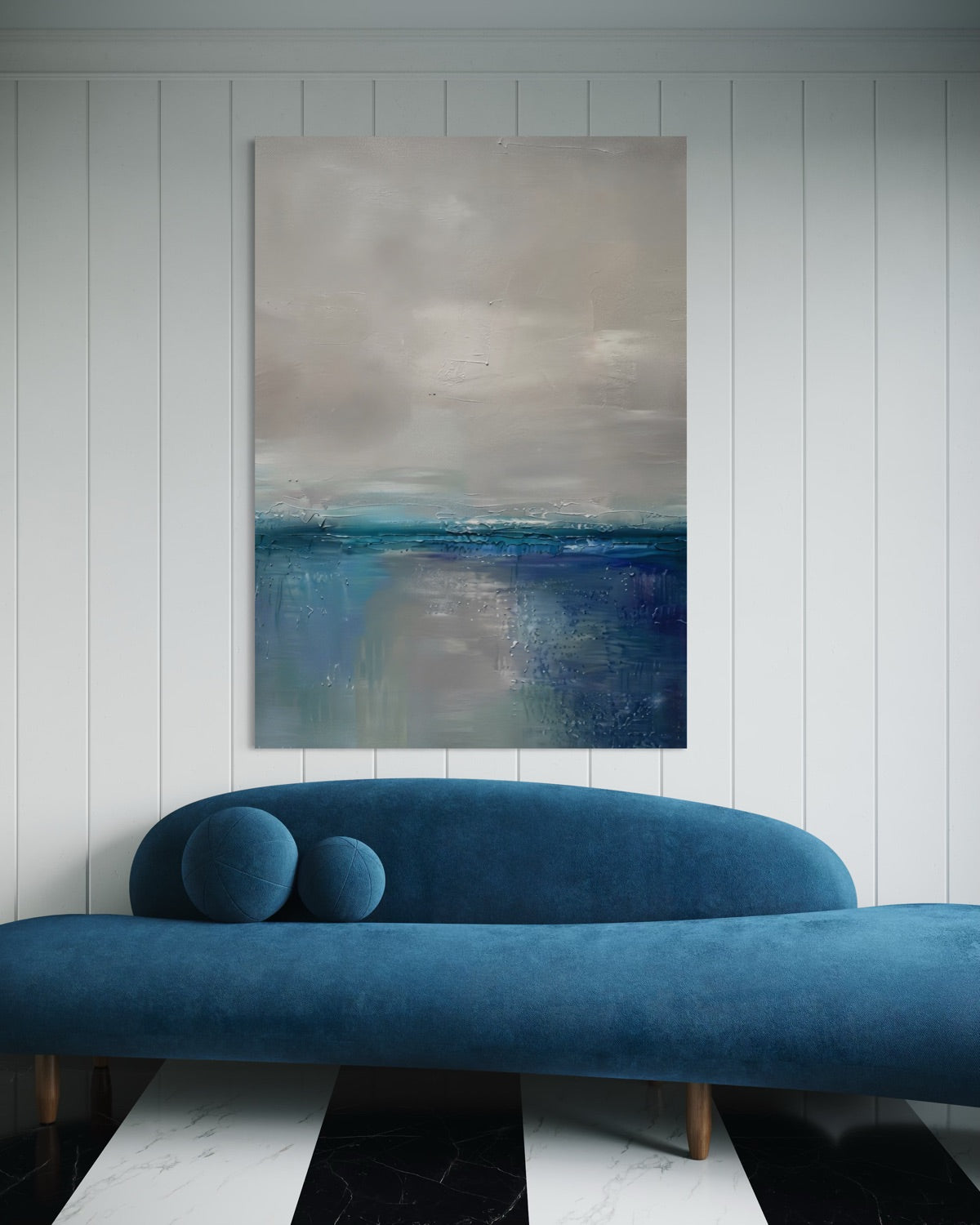 Stampa incorniciata orizzonte marino astratto, cielo grigio e fascia blu, cornice chiara