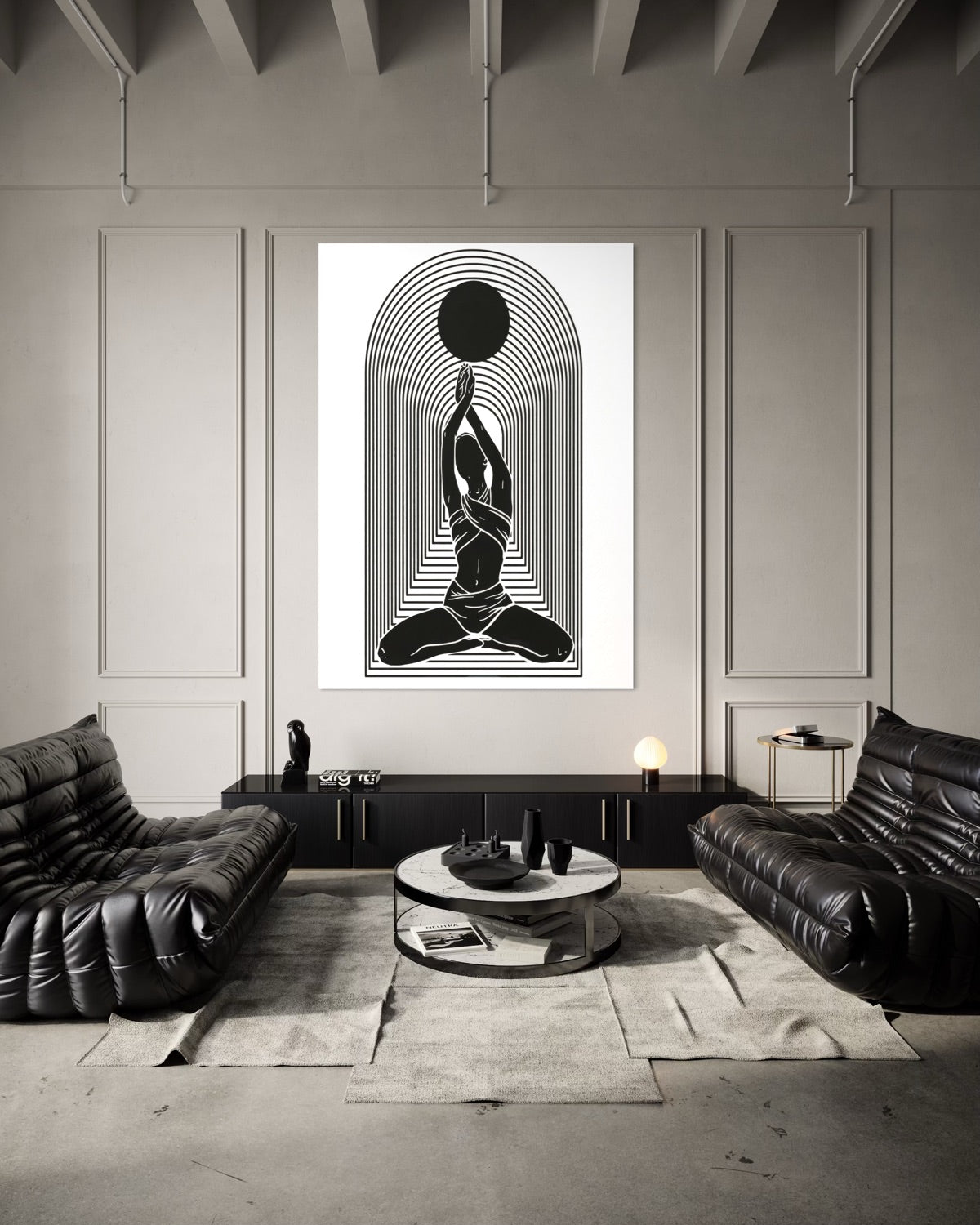 Stampa decorativa con figura seduta nera su sfondo bianco, cornice scura
