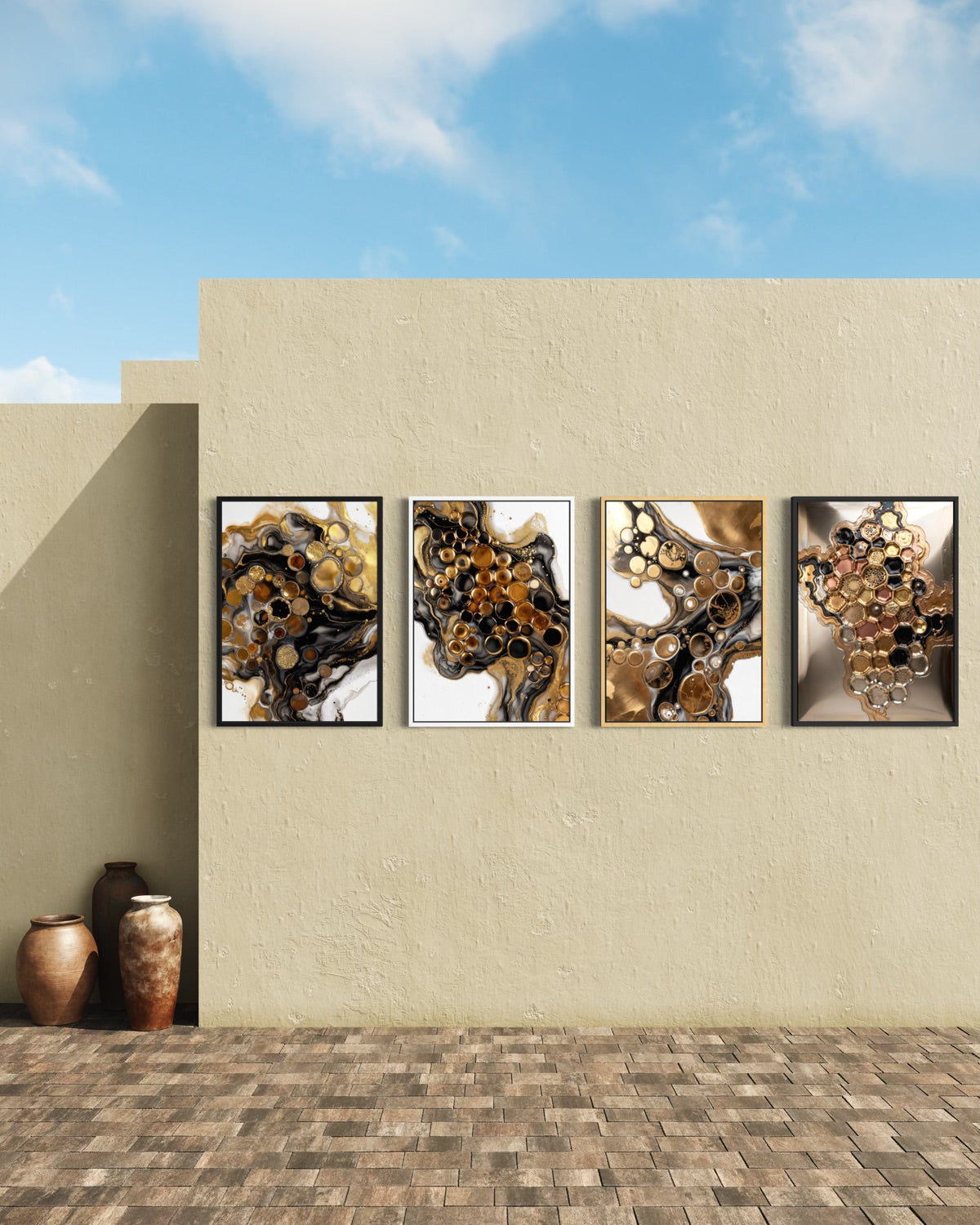 Stampa artistica a mosaico, set di 4 cornici nere con dettagli dorati e scuri