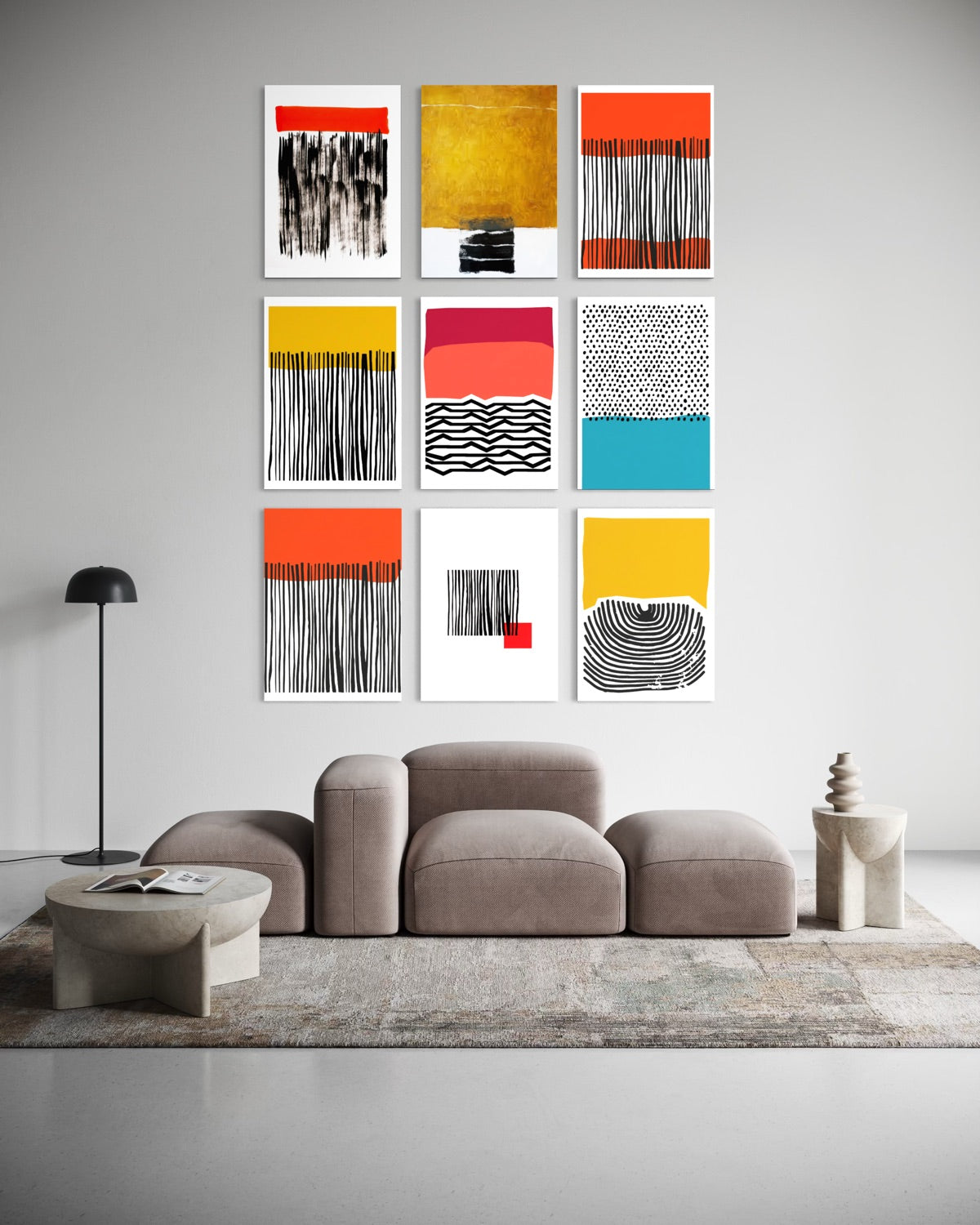 Set di 9 stampe astratte incorniciate, nero, arancio, giallo, oro e azzurro
