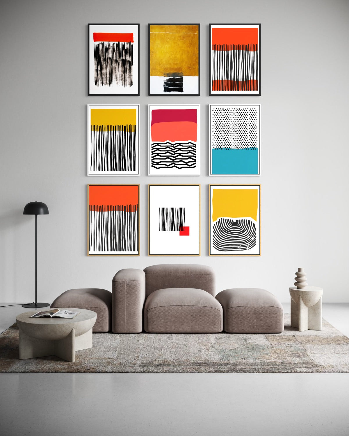 Set di 9 stampe astratte incorniciate, nero, arancio, giallo, oro e azzurro