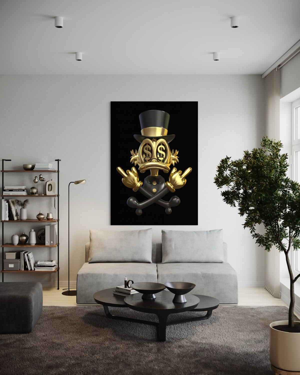 Stampa incorniciata con emblema oro e cilindro nero su sfondo scuro, decorata