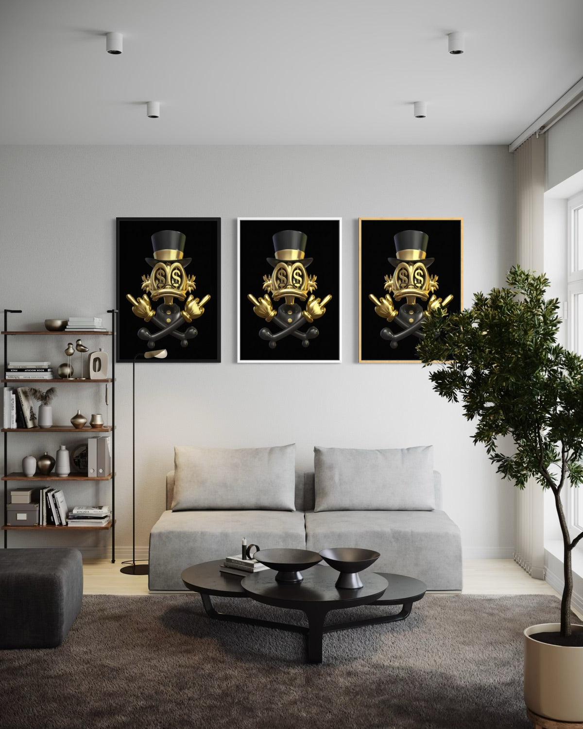 Set di 3 stampe incorniciate con emblemi oro e cilindri neri su sfondo scuro