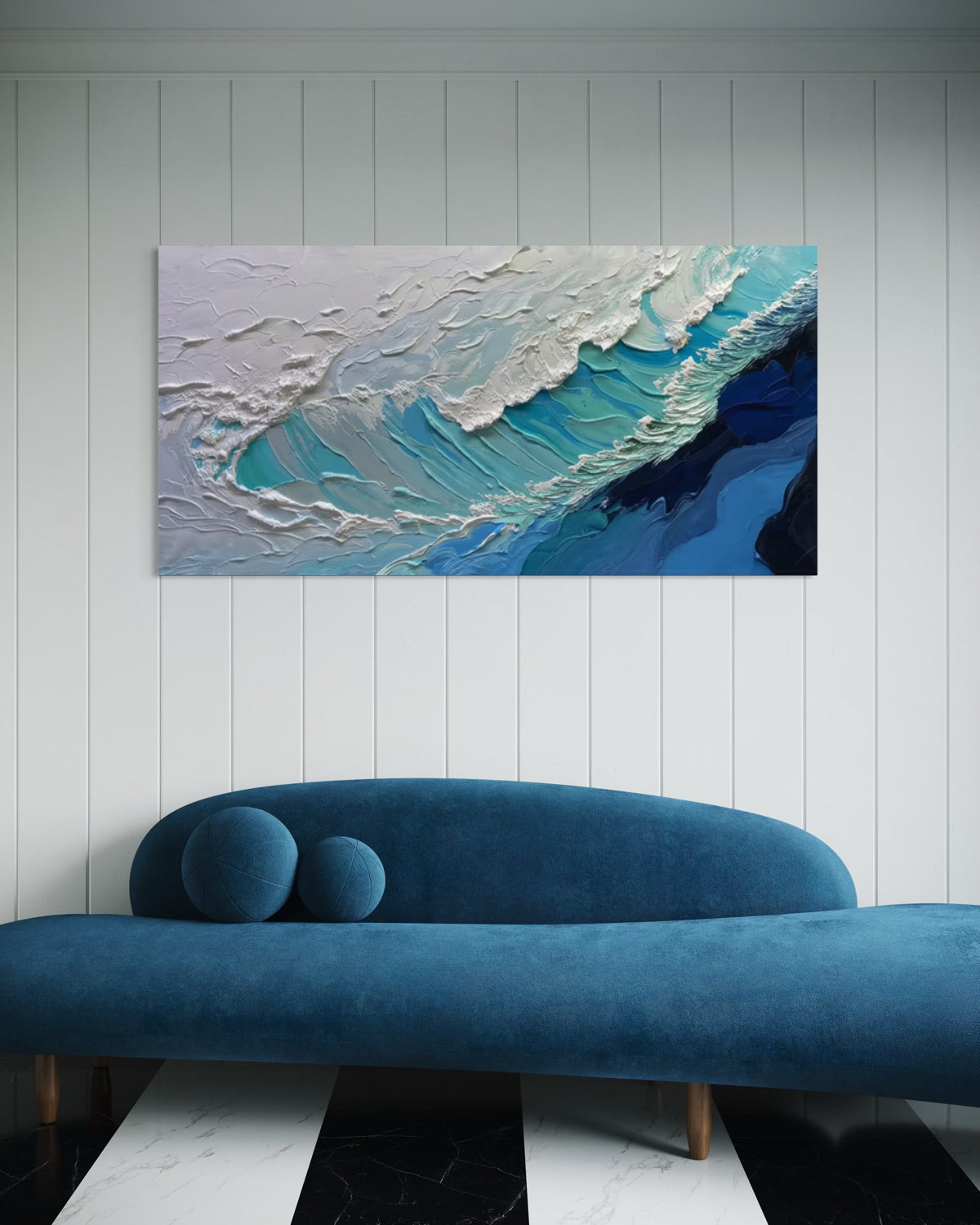 Stampa orizzontale con onde turchesi e schiuma, mare scuro, cornice grigia