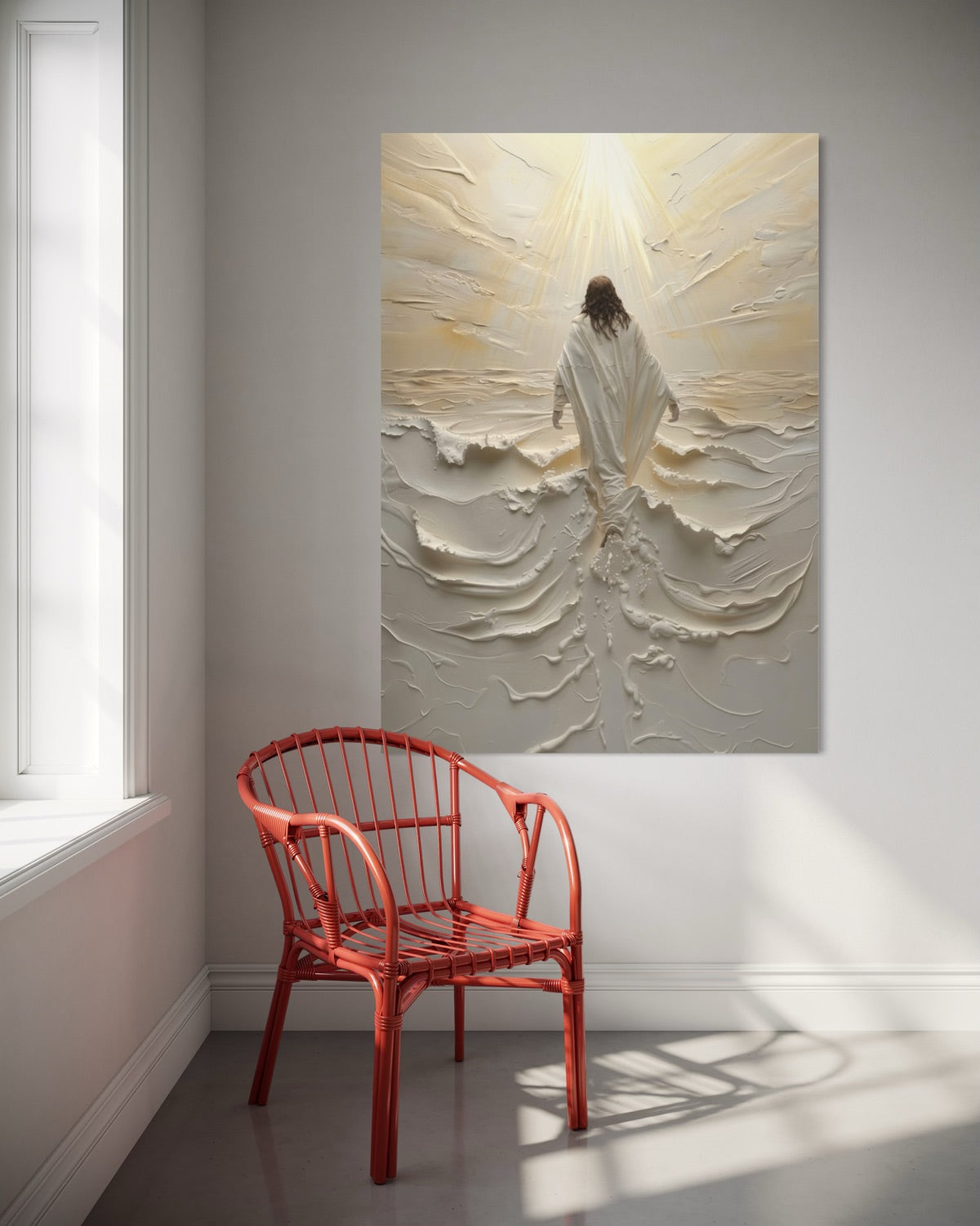 Quadro da parete con cornice chiara e figura in rilievo su sfondo chiaro
