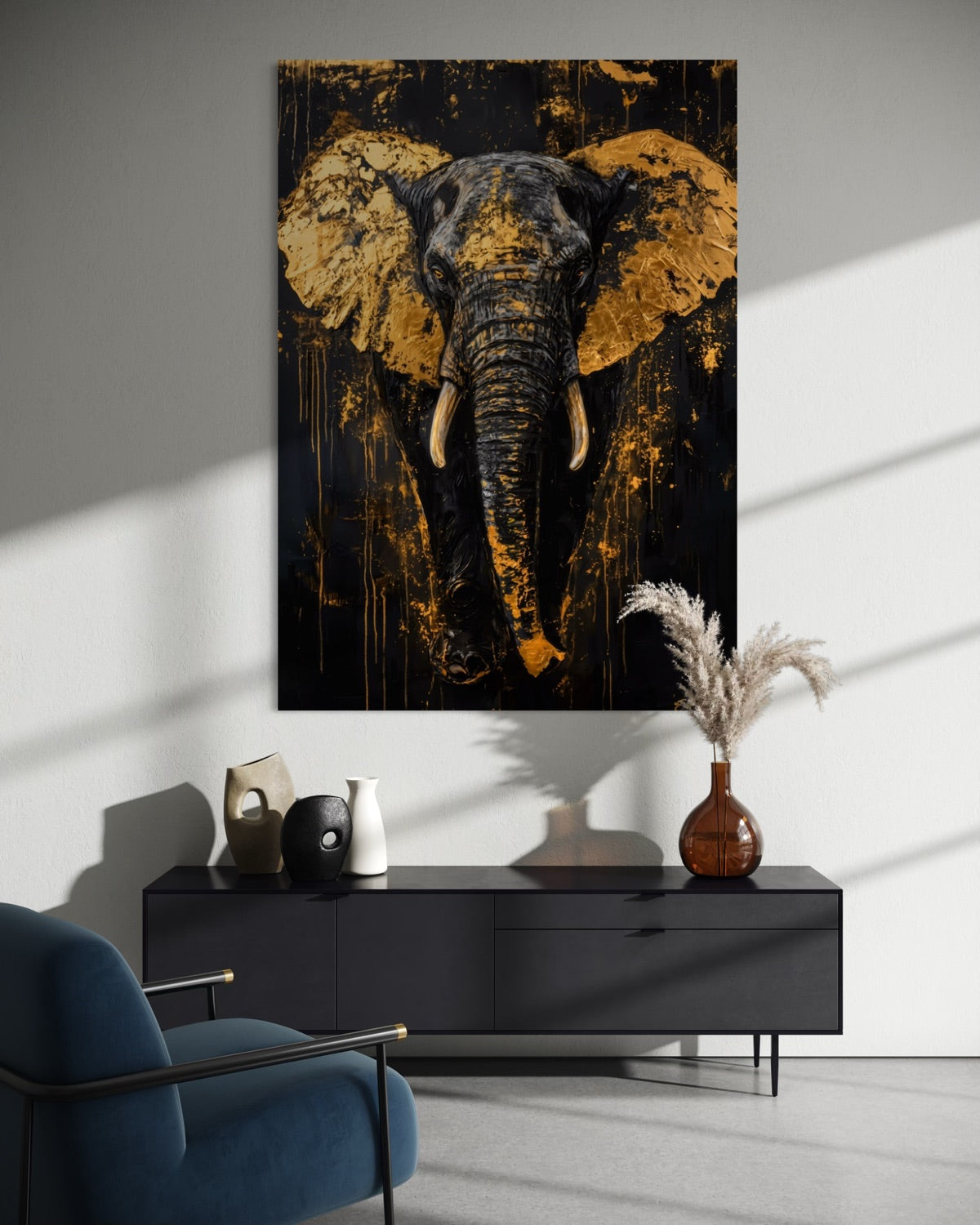 Stampa incorniciata con elefante dorato e blu su sfondo scuro, pannello singolo