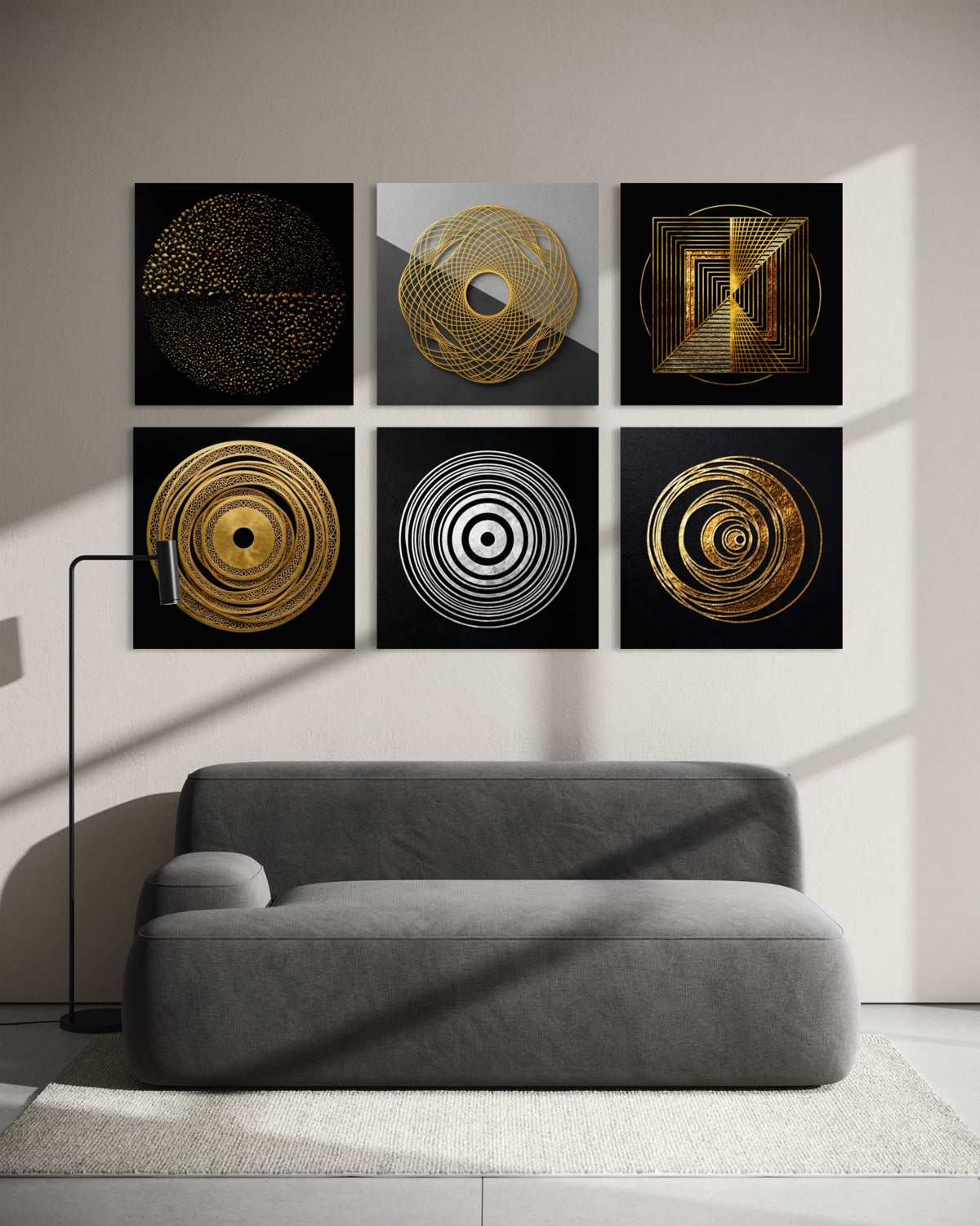 Set di 6 quadri geometrici con cornici nere e motivo a spirale dorato, cornice bianca.